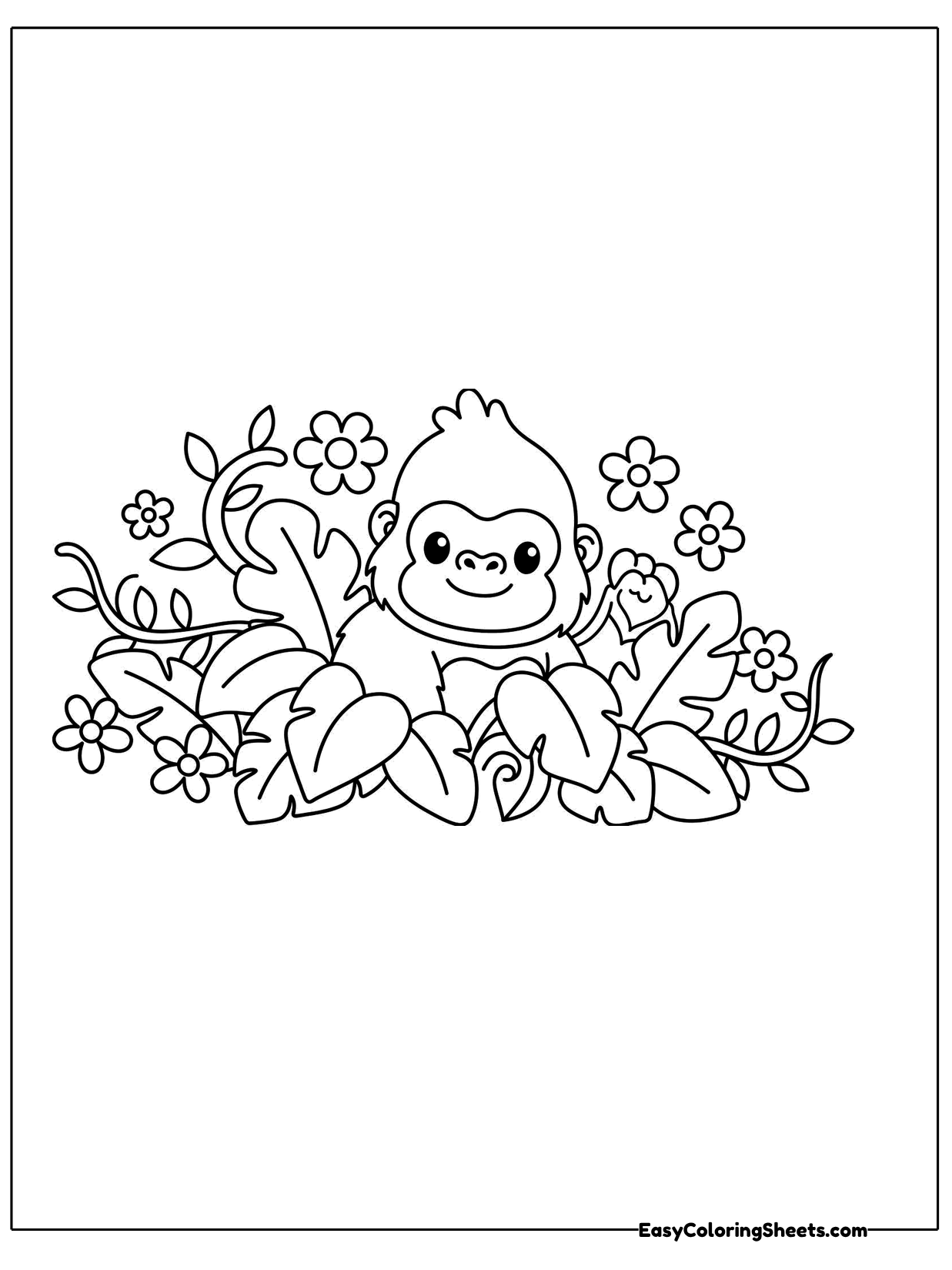 A tiny gorilla face peeks out from a band of leaves and flowers stretching across the middle of the page.