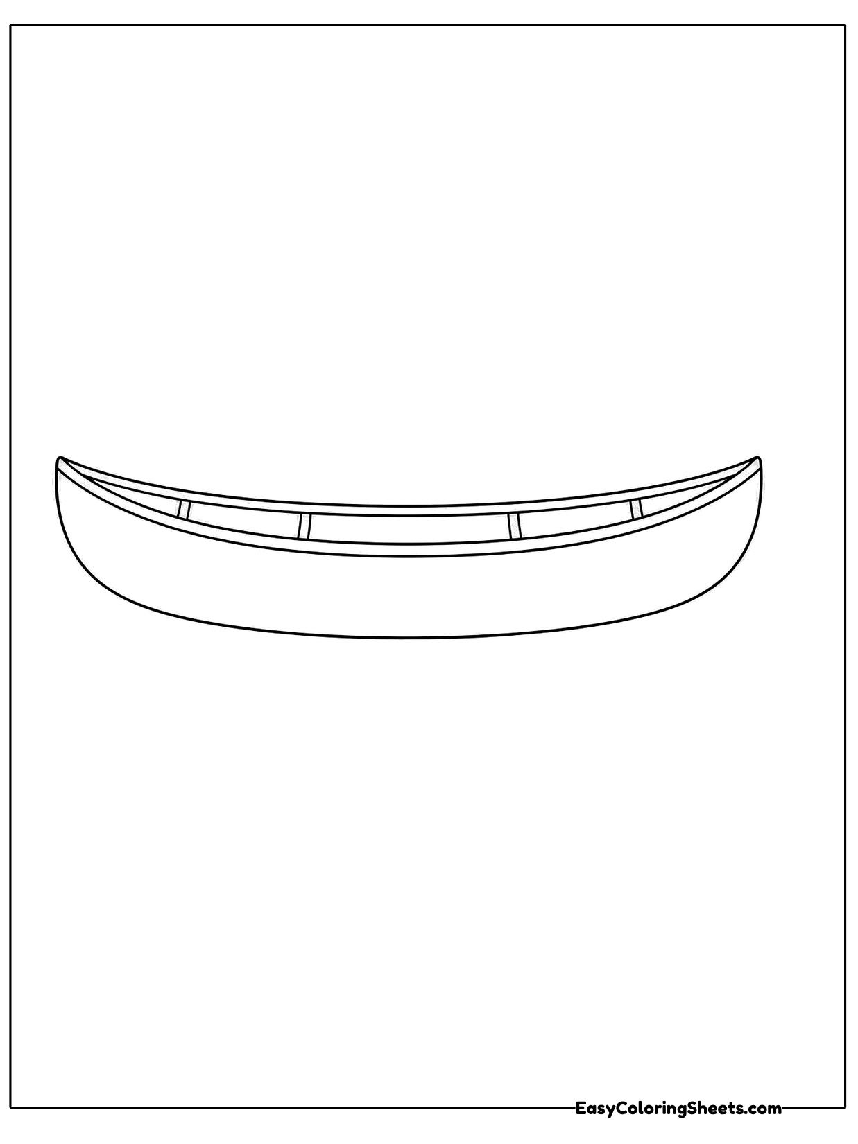A simple canoe with a long curved hull, pointed ends and wooden ribs is drawn from the side.