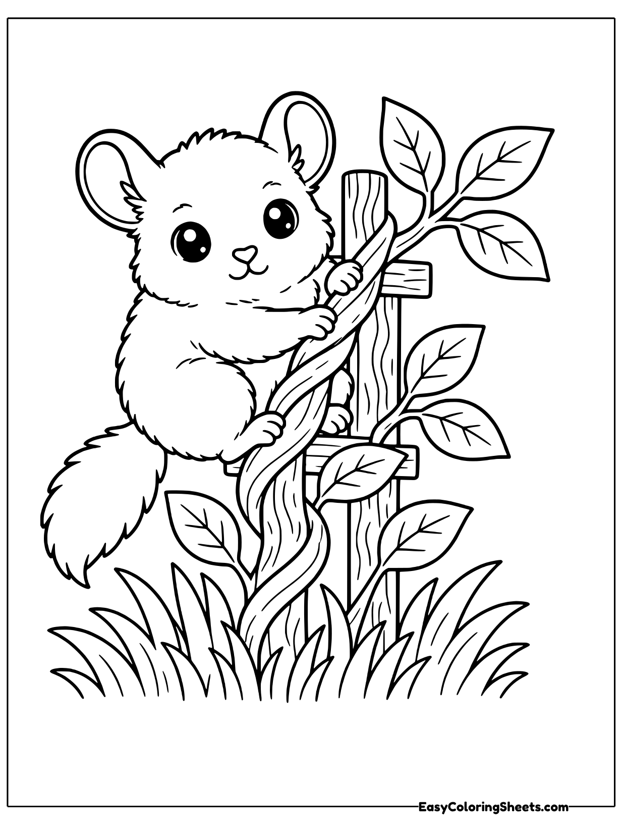 A chinchilla climbs a leafy vine wrapped around a wooden post, with tall grass below.