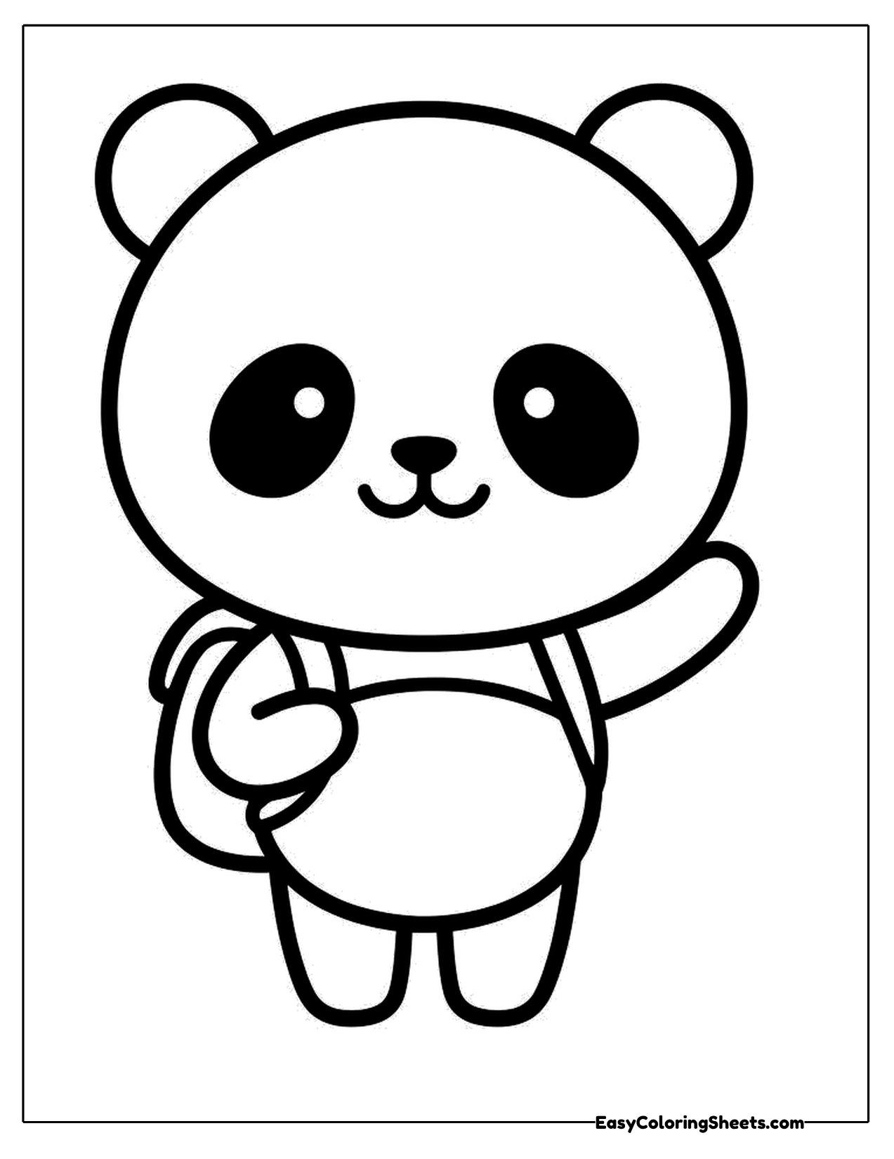 Panda character waving with a backpack