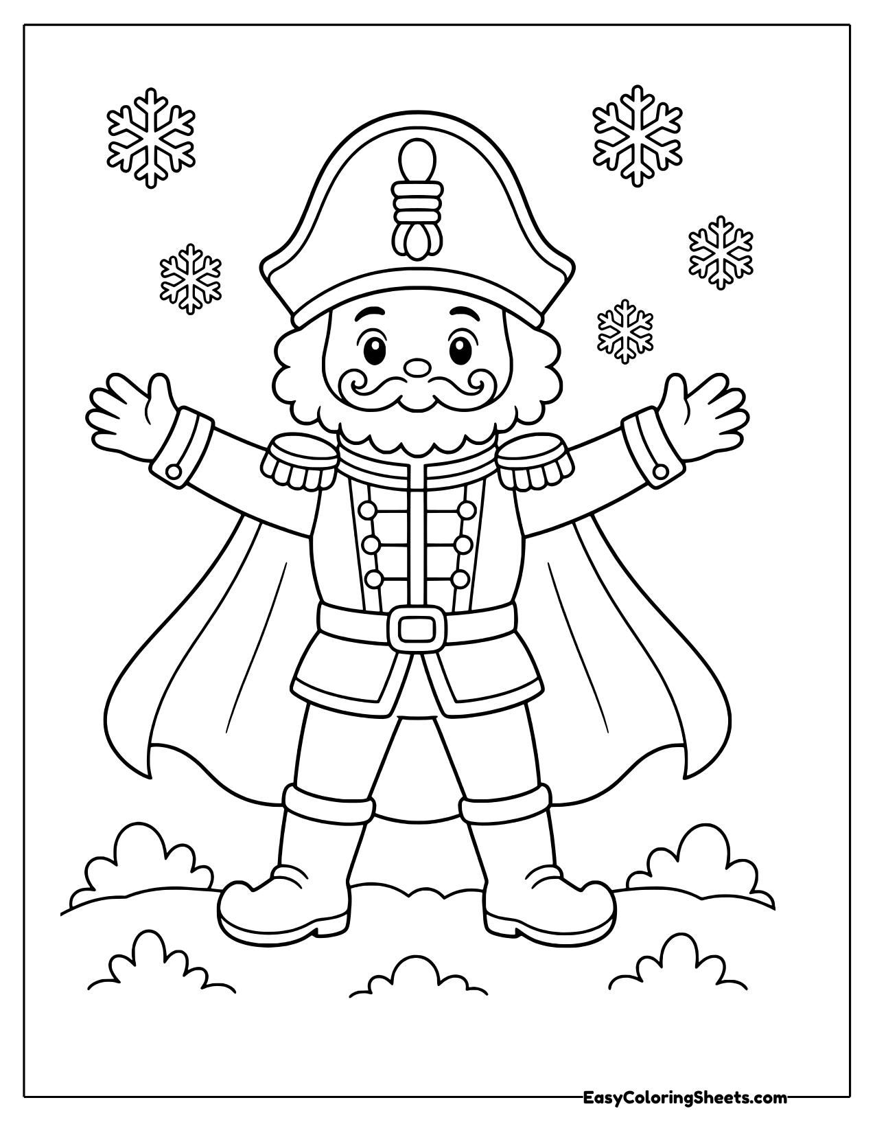 Nutcracker with arms spread wide wearing a long cape among snowflakes
