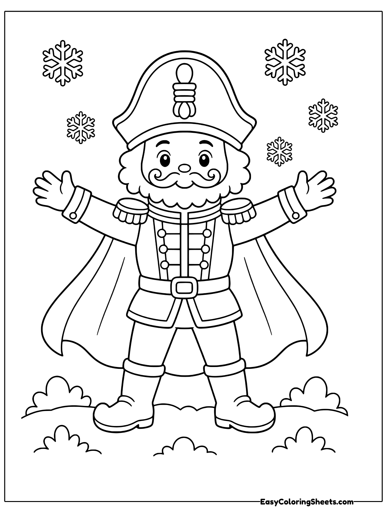 A jolly nutcracker with a curly mustache spreads his arms wide in a long flowing cape.