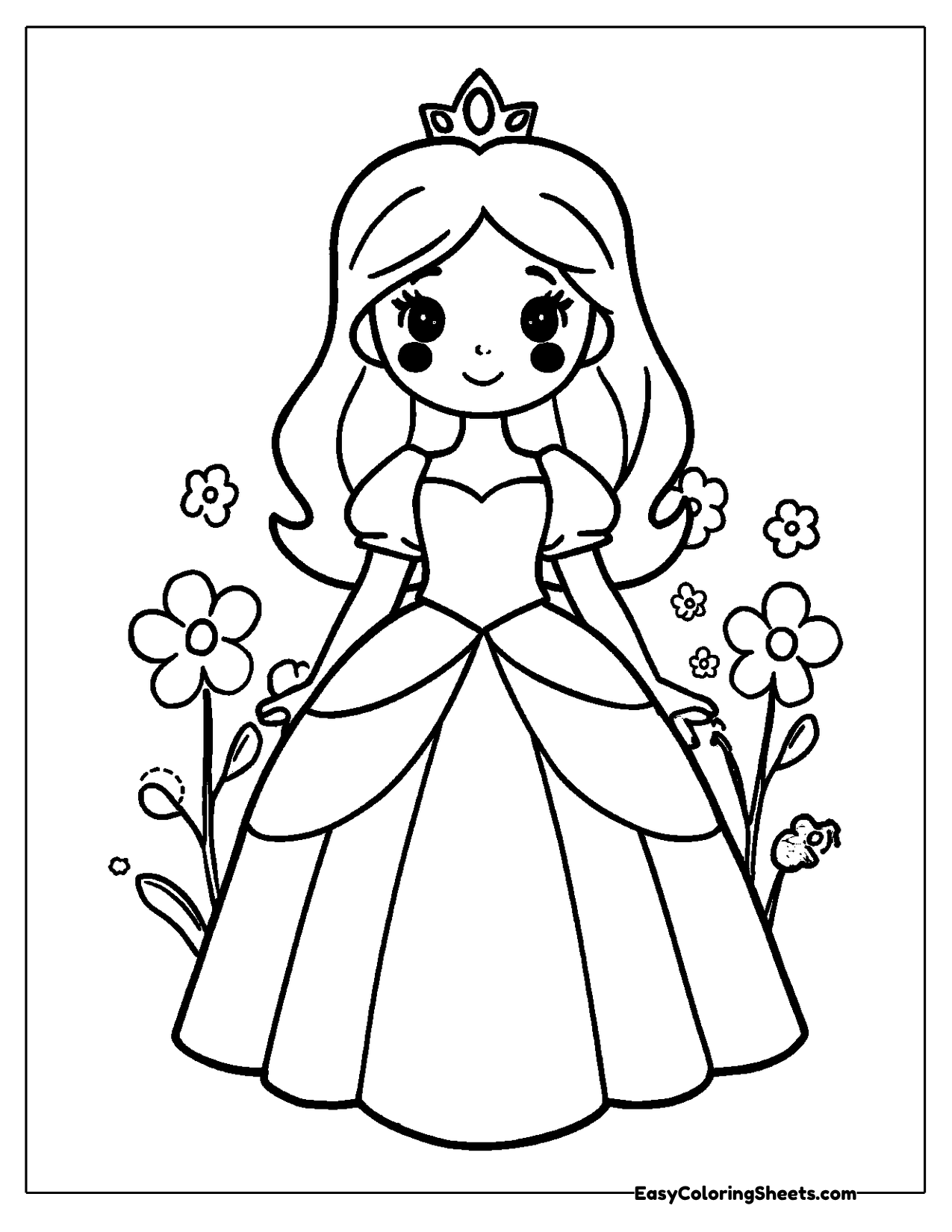 Princess in a long gown among flowers