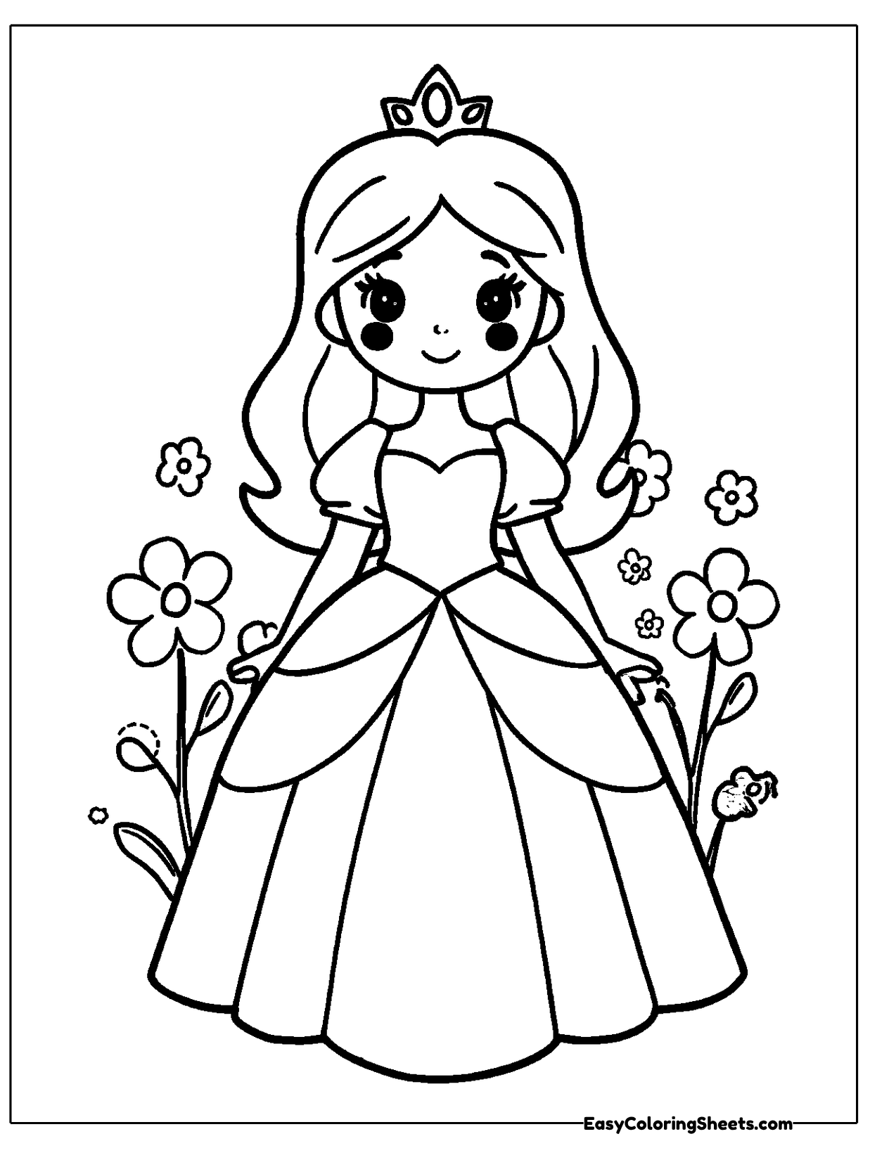 A princess with long hair and a small crown stands in a long ruffled gown while flowers bloom on both sides.