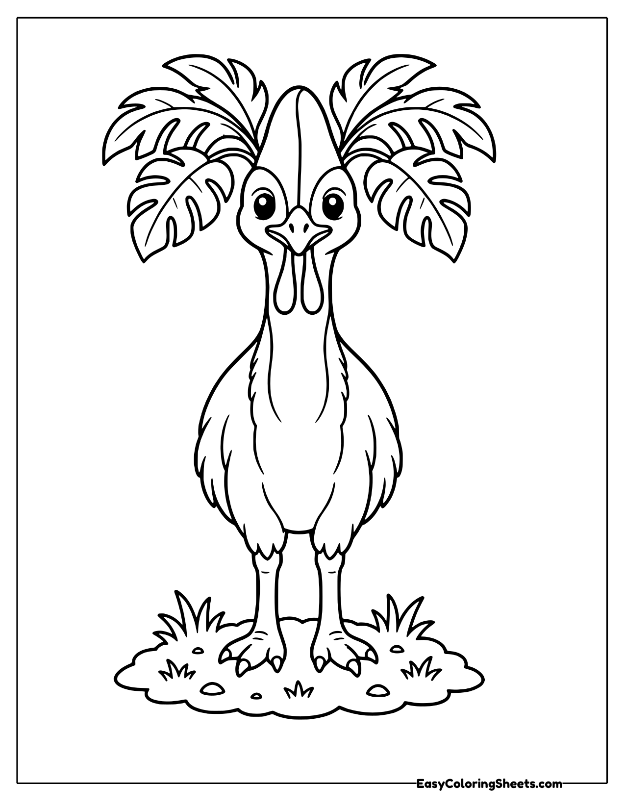 Front view of a cassowary under palm leaves