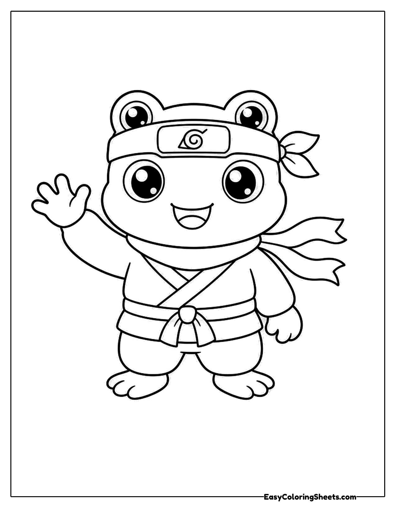 Frog ninja character with a headband and belt waving