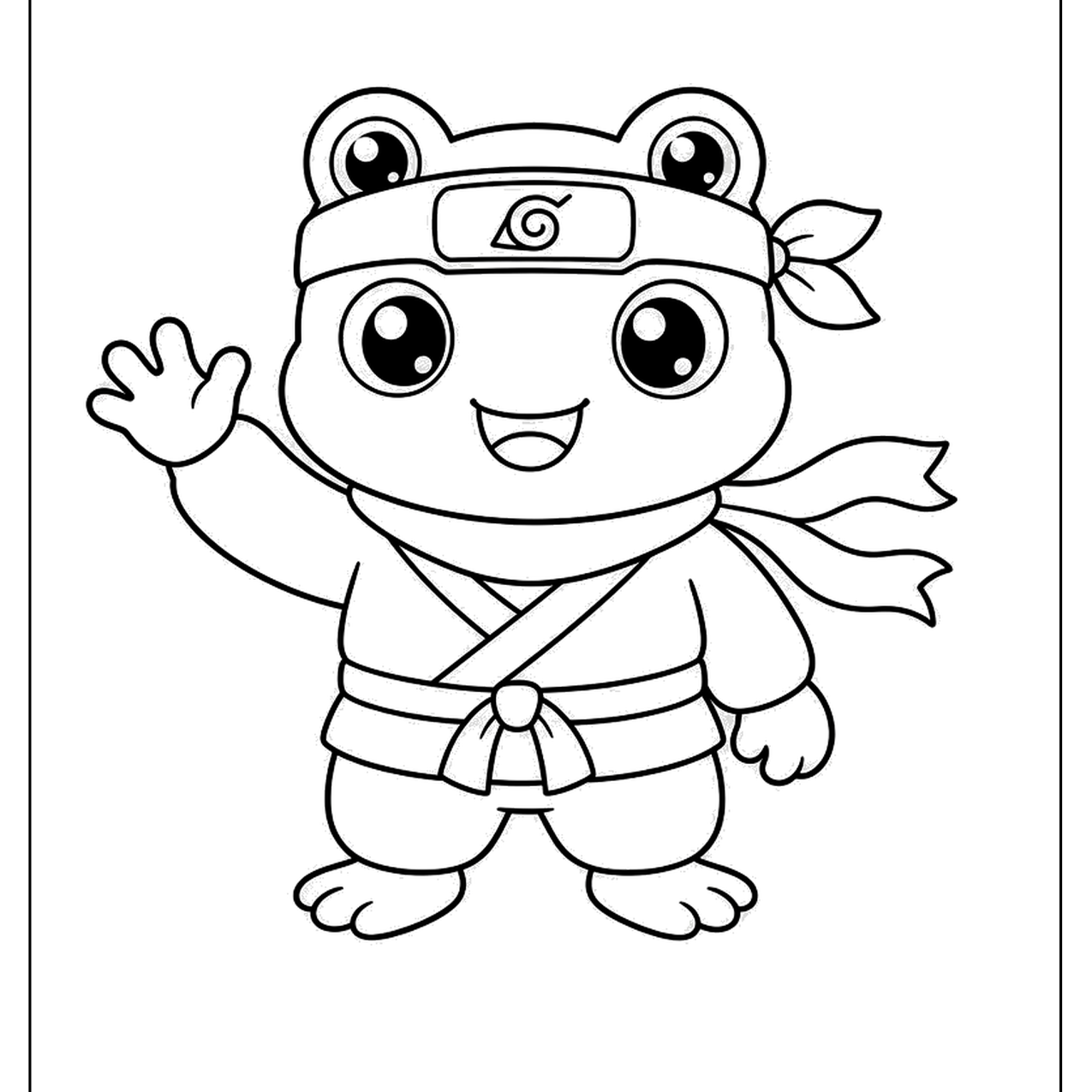 Frog ninja character with a headband and belt waving