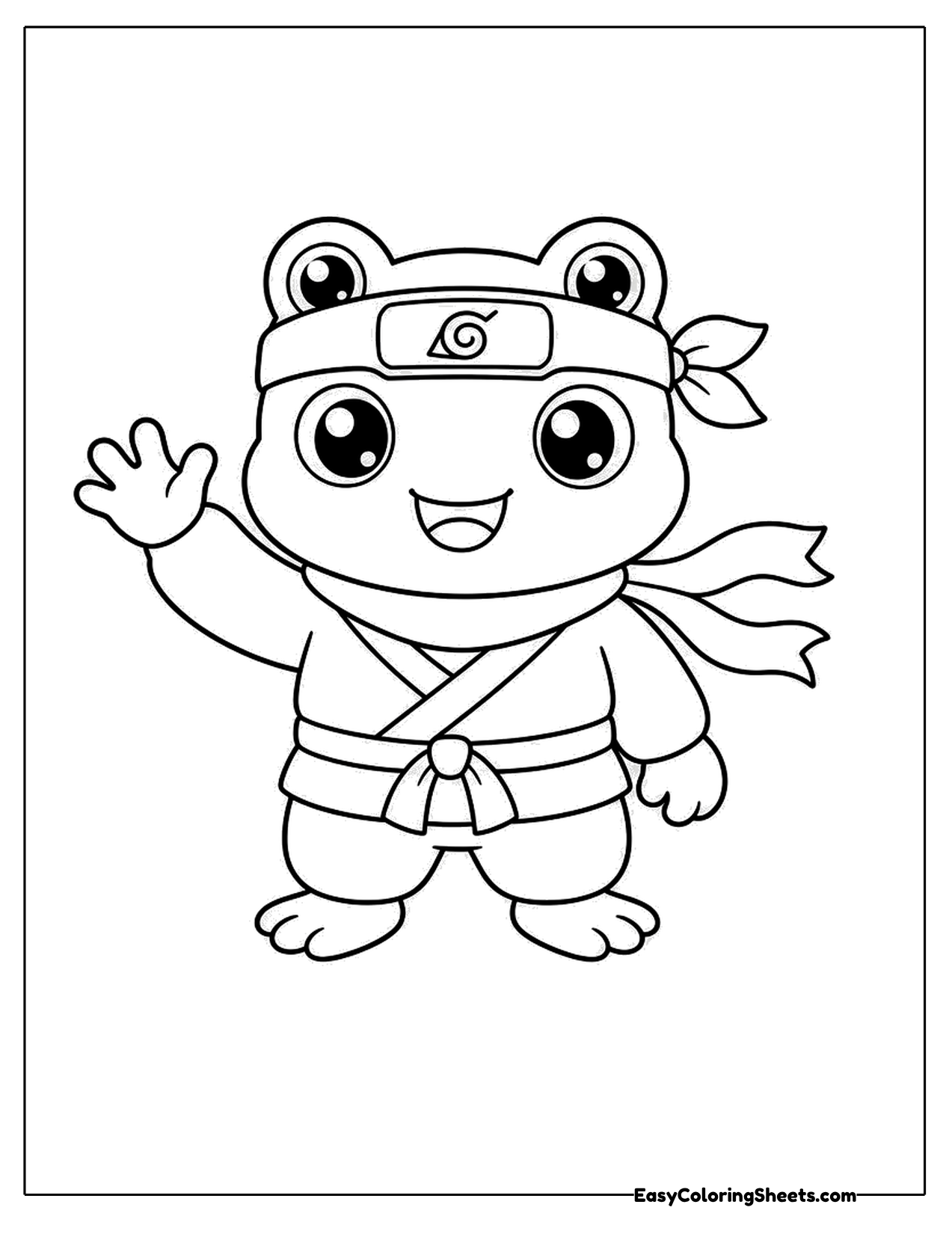 Frog ninja character with a headband and belt waving