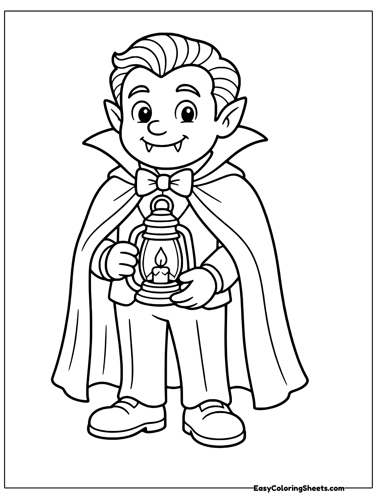 A vampire boy wraps his cape around him while holding a small lantern with a candle glowing inside.