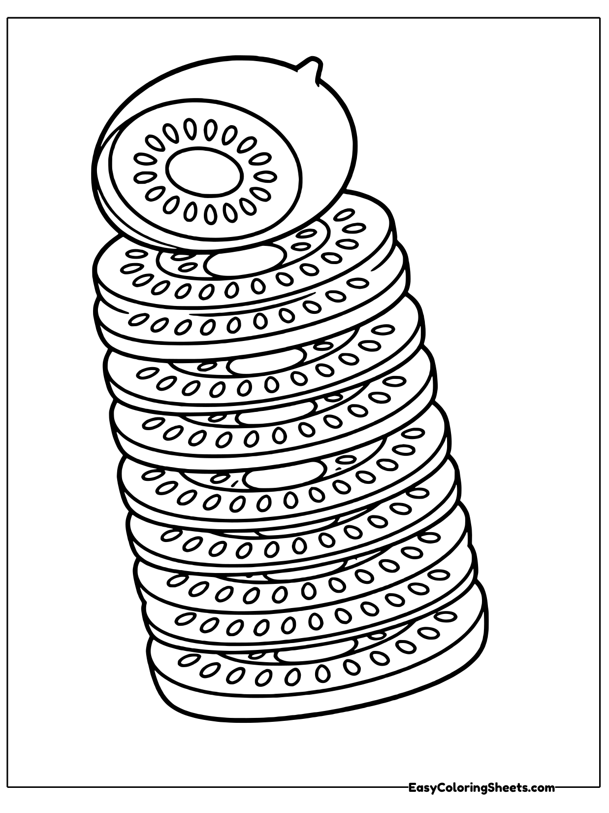 A tall tower of kiwi slices rises from the bottom of the page, topped by a half kiwi showing its seeds.