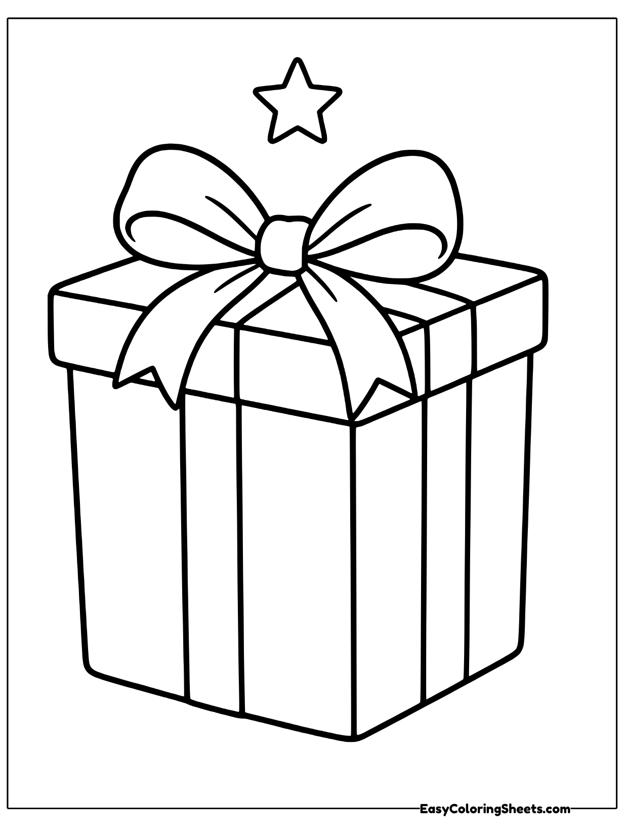 A square present has its lid sitting a little crooked under a big ribbon bow, with a star shining above.