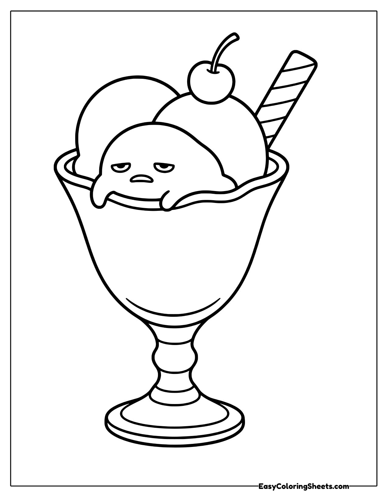 Sleepy Gudetama flopped between two ice cream scoops in a tall sundae glass with a cherry and wafer
