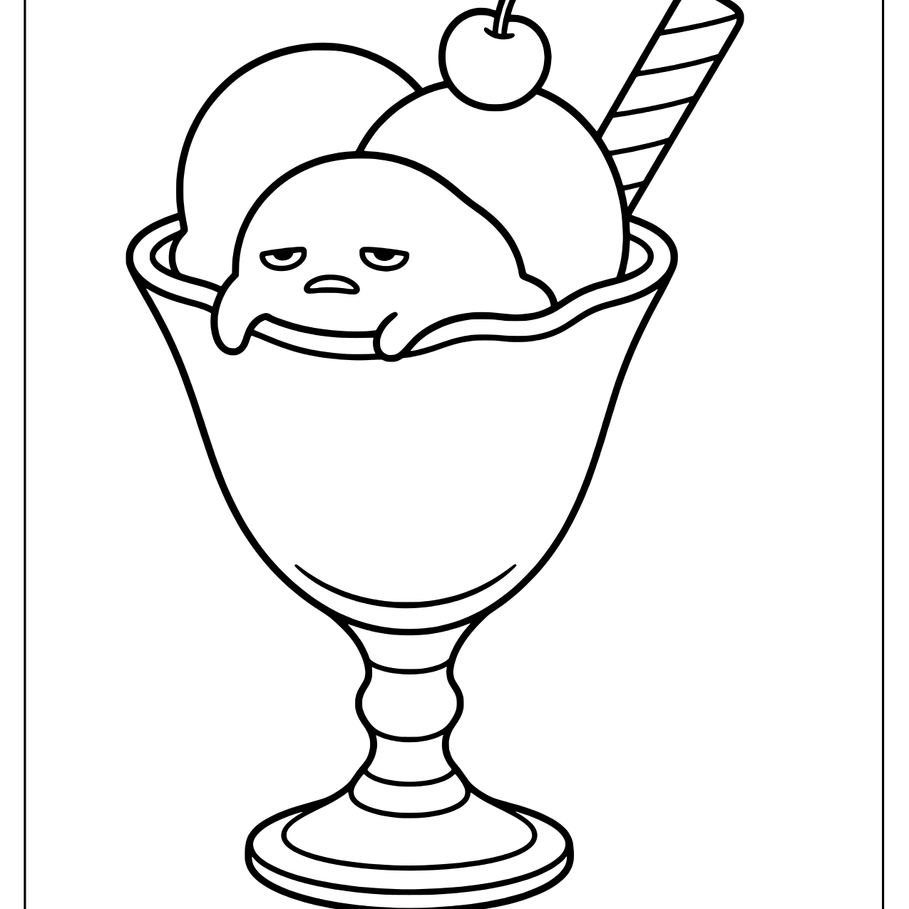Sleepy Gudetama flopped between two ice cream scoops in a tall sundae glass with a cherry and wafer