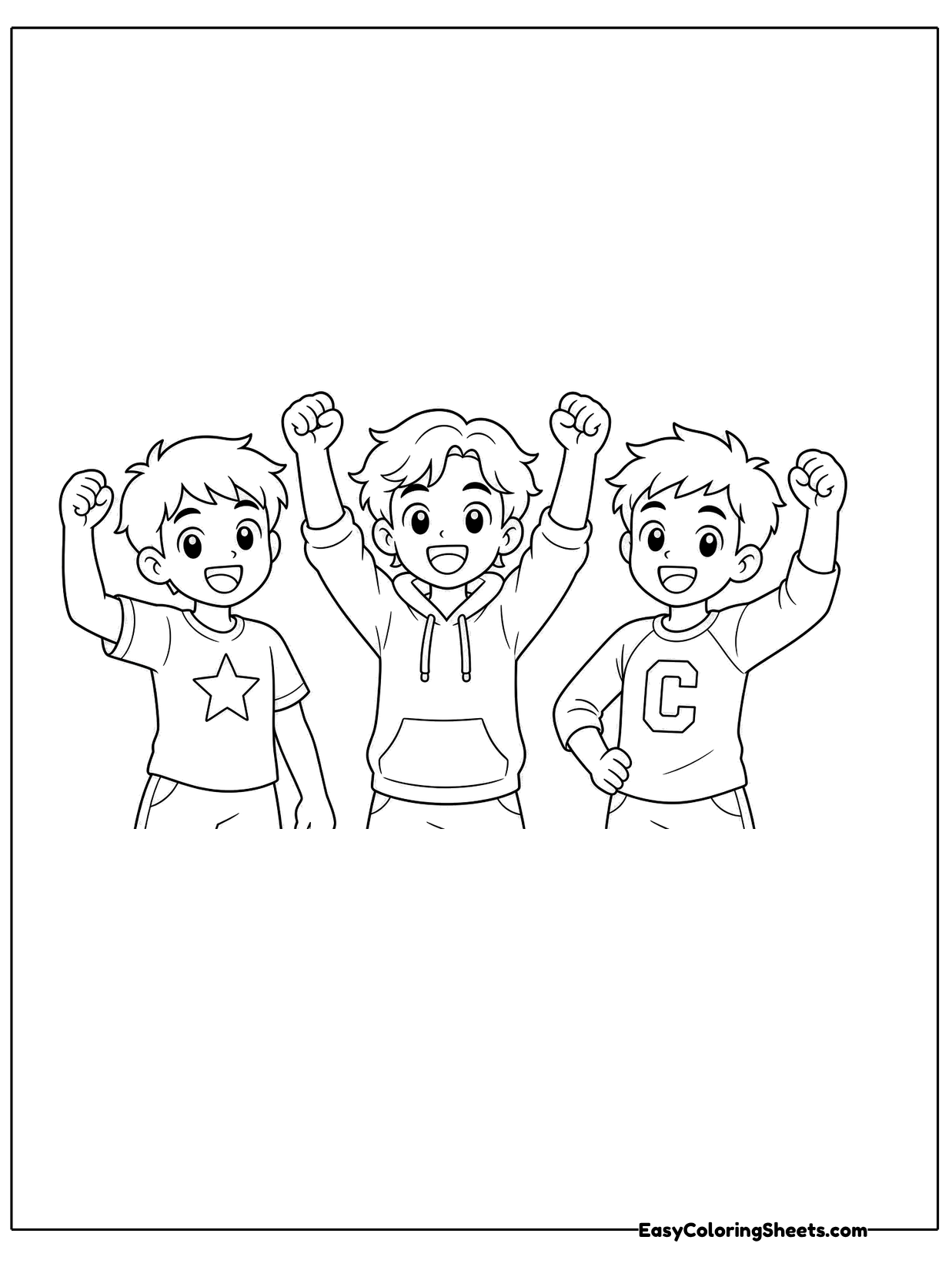Three boys in T shirts cheer with their arms raised, celebrating a great trick shot.