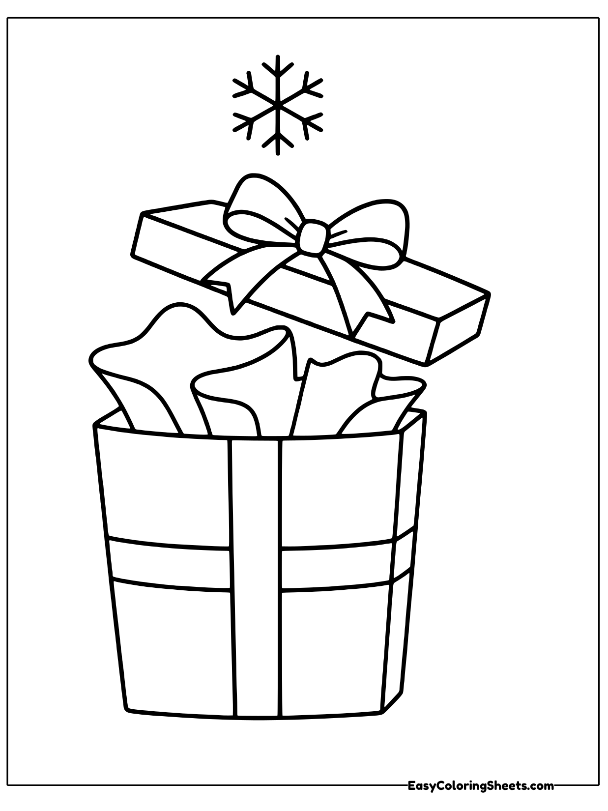 A gift box with its lid popped open shows tissue paper spilling out, with snowflakes above.