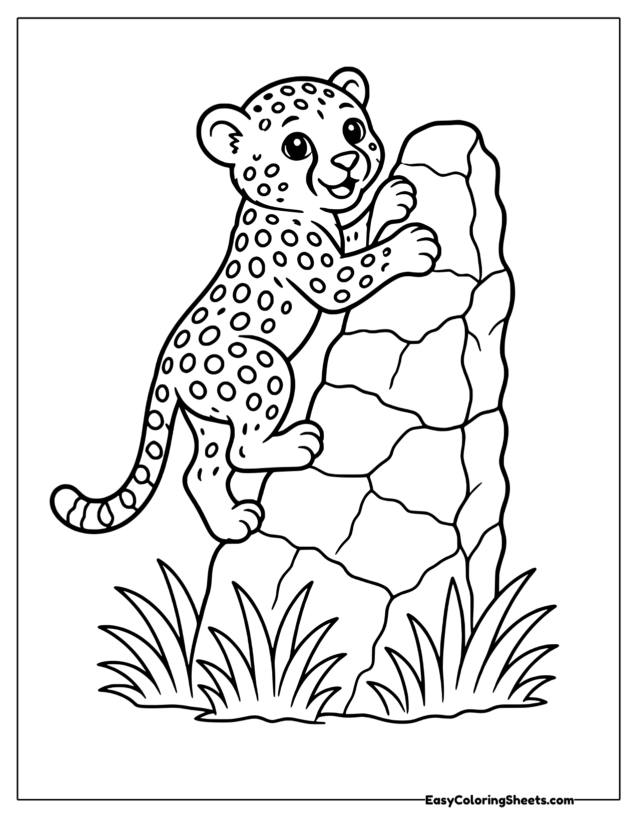 A cheetah cub reaches up and climbs the side of a tall rock with grass at its base.