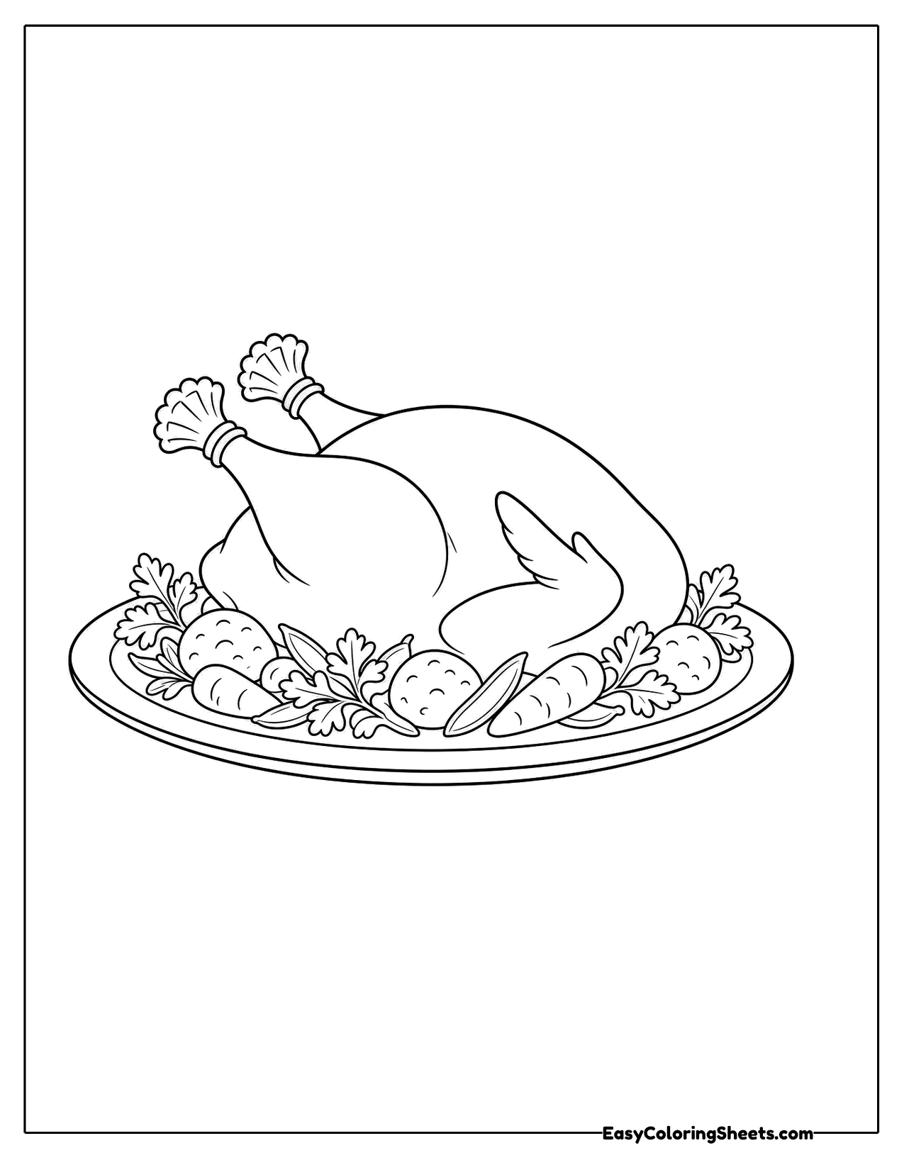 Roast turkey on a platter surrounded by vegetables