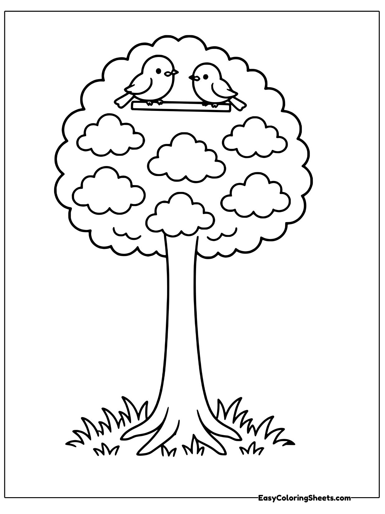 A tall tree with a canopy made of rounded puffs has two birds sitting on top.