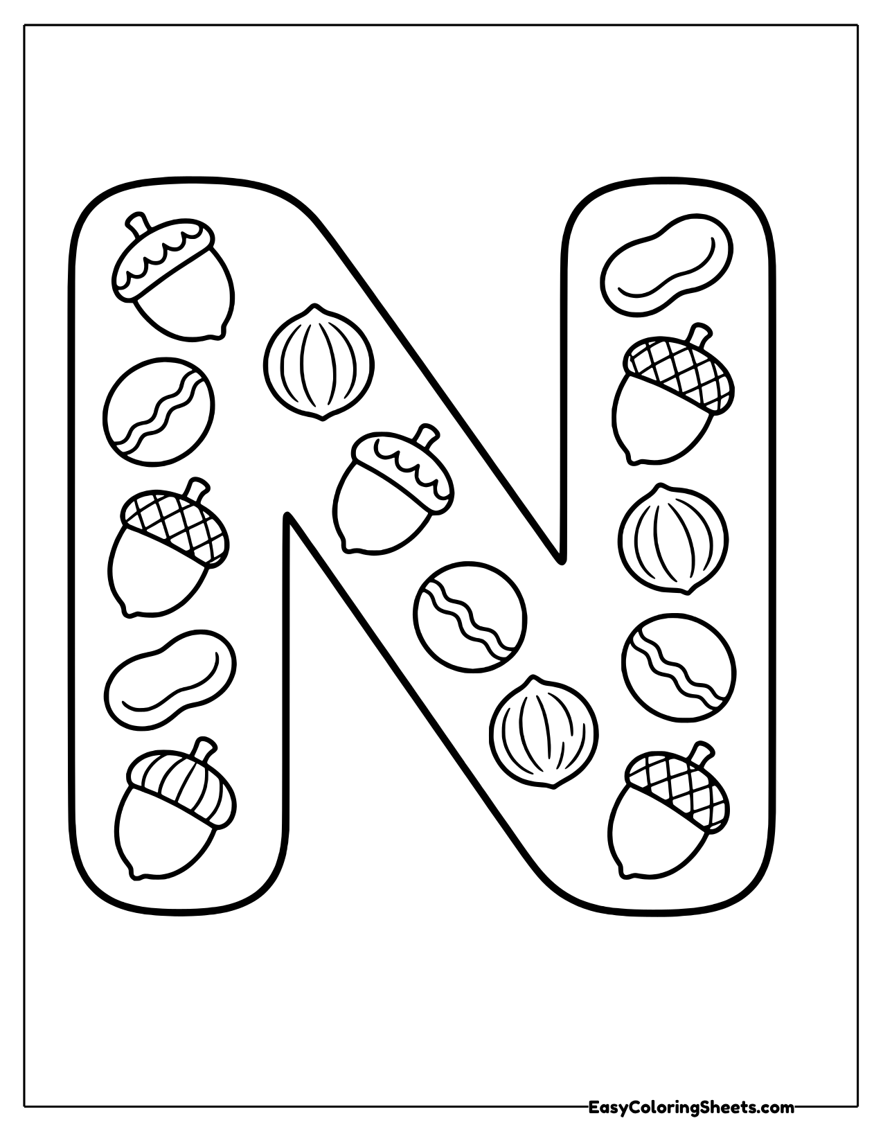 Bubble letter N filled with acorns and nuts