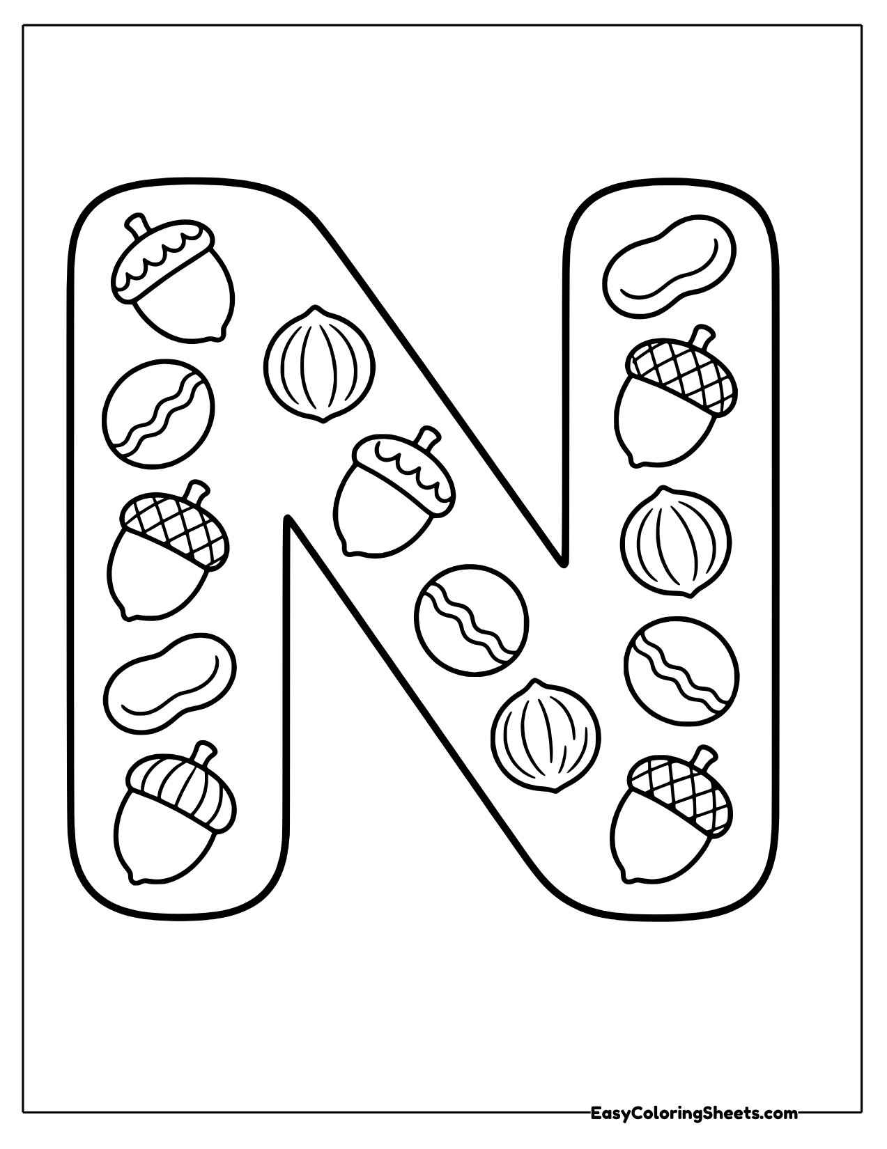Bubble letter N filled with acorns and nuts