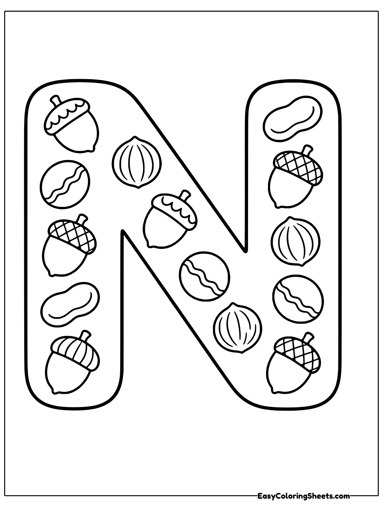 A big bubble letter N is filled with acorns, walnuts, peanuts and other nuts.