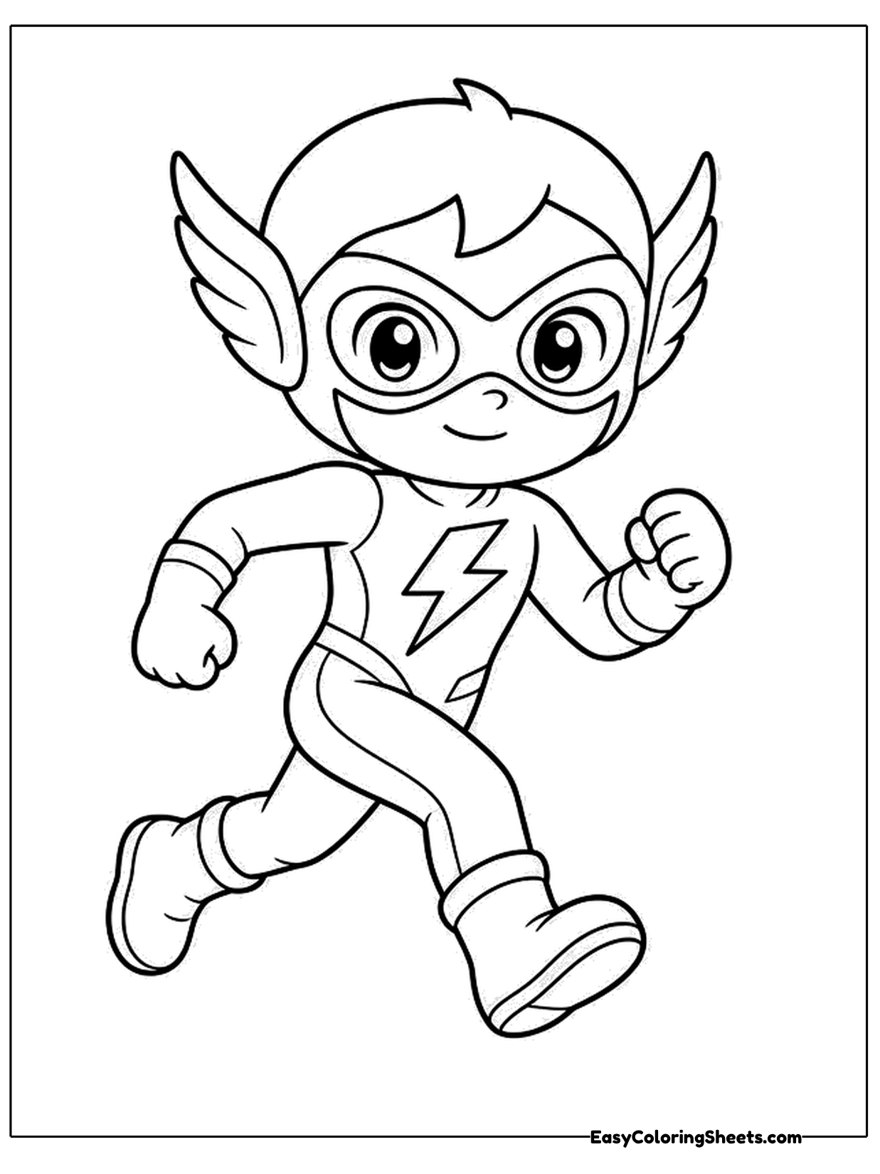 A young hero in a masked cowl with little wings on the sides dashes forward with fists pumping.