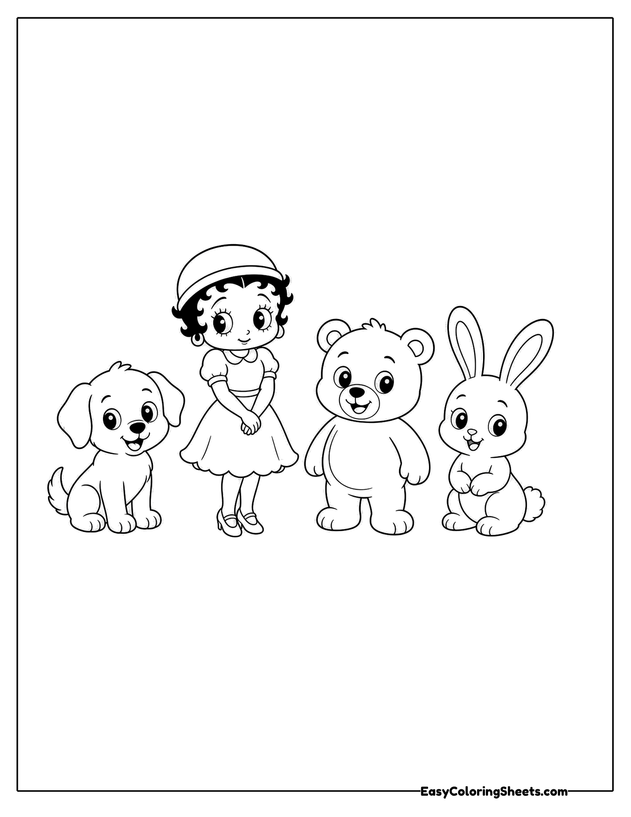 Cartoon girl with a bow and animal friends