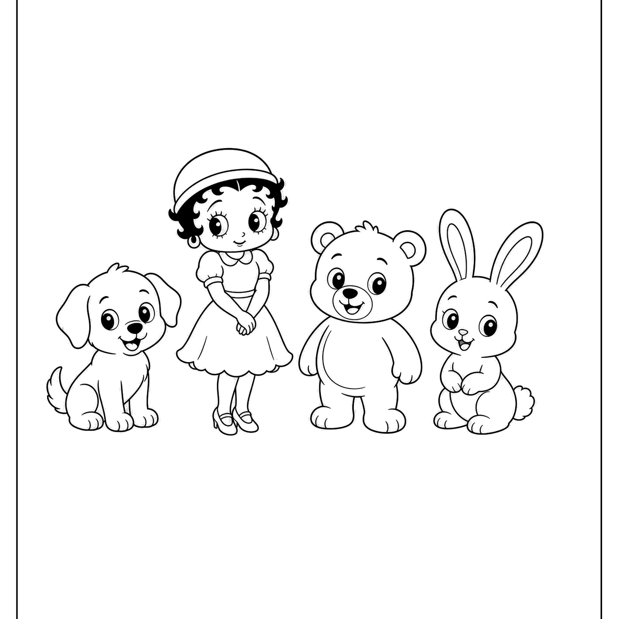 Cartoon girl with a bow and animal friends