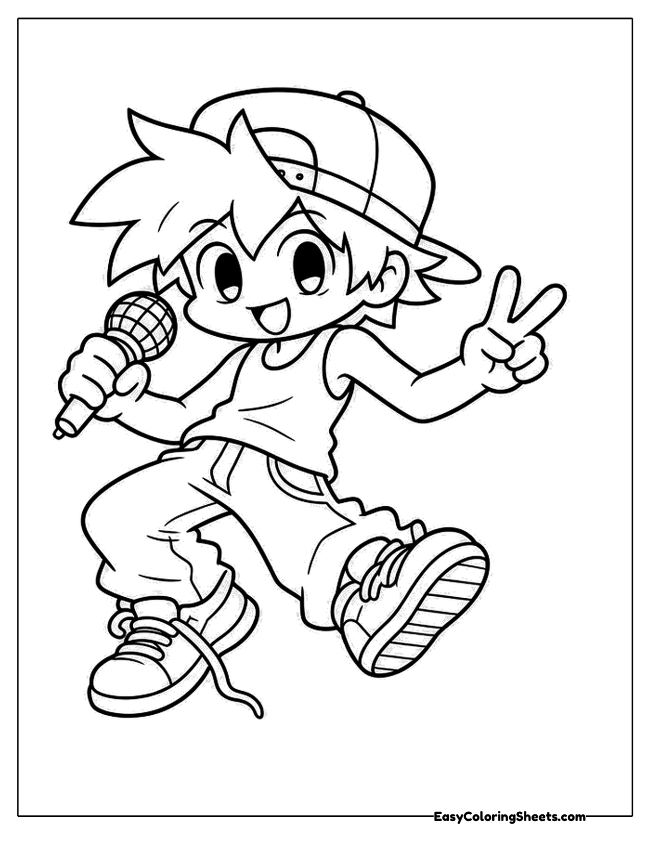 Anime style boy with a backward cap singing into a microphone