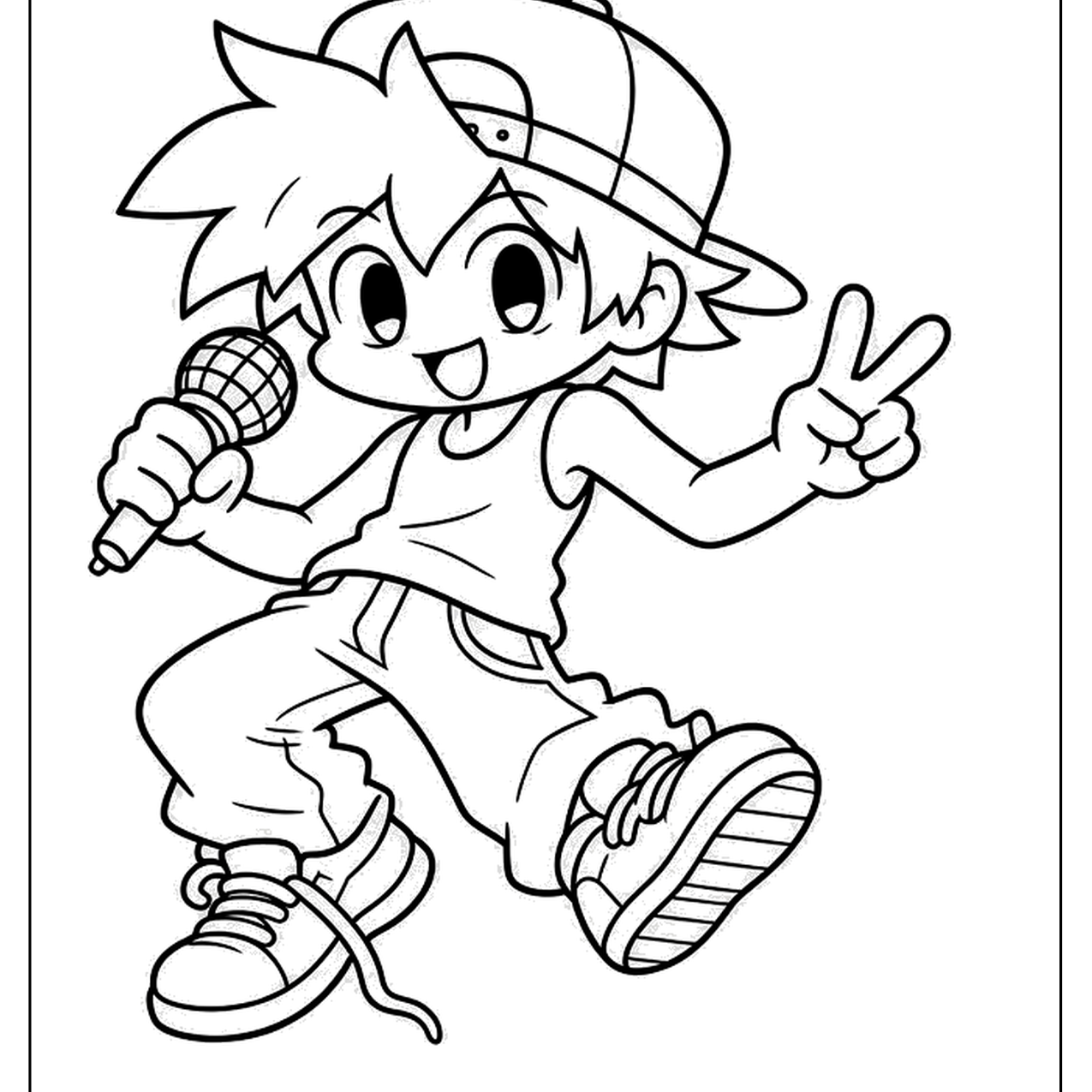 Anime style boy with a backward cap singing into a microphone