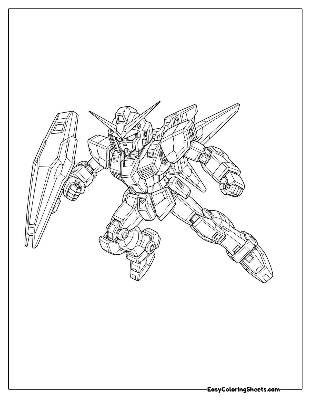 Mecha robot posed with a large shield