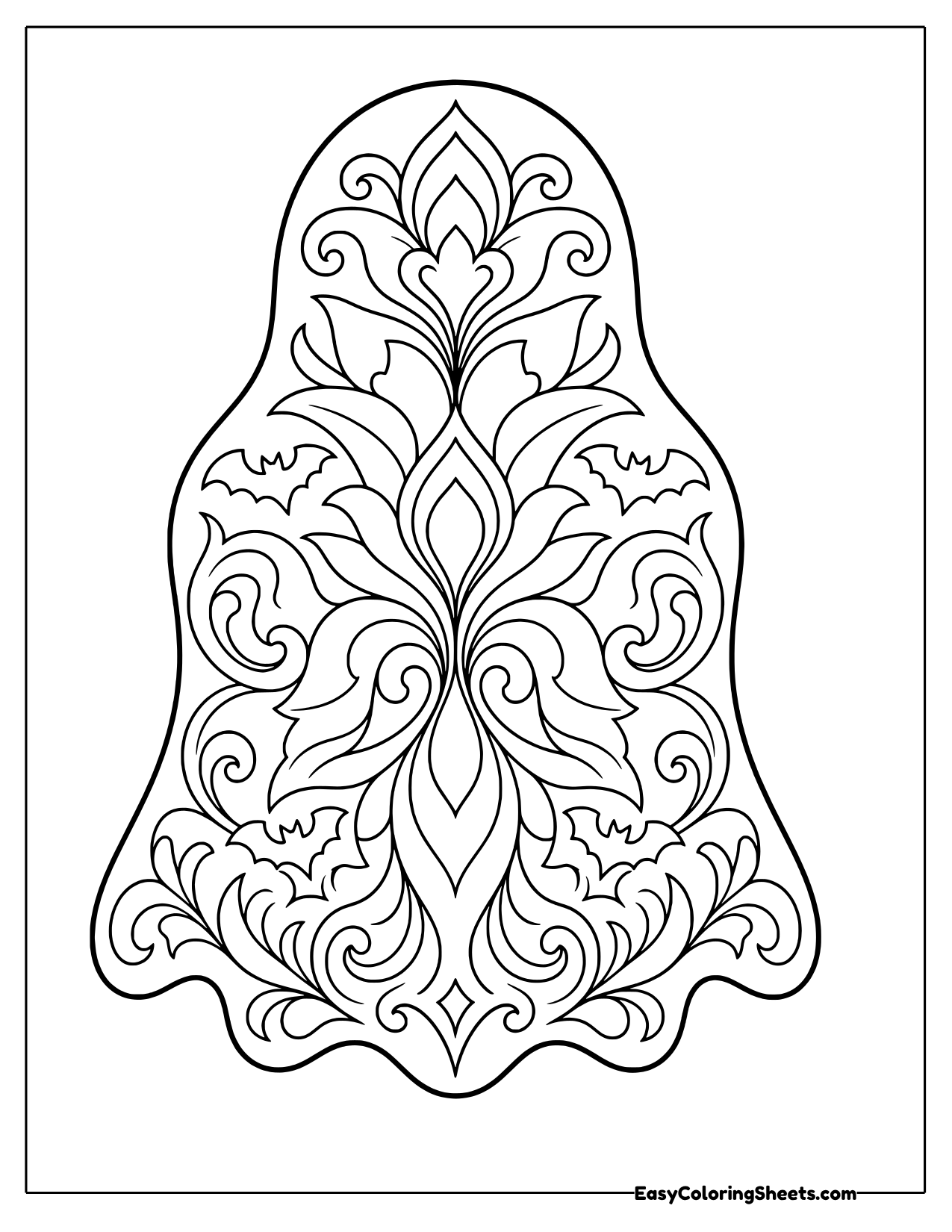 Ghost shaped Halloween mandala with mirrored swirls, petals and two small bats