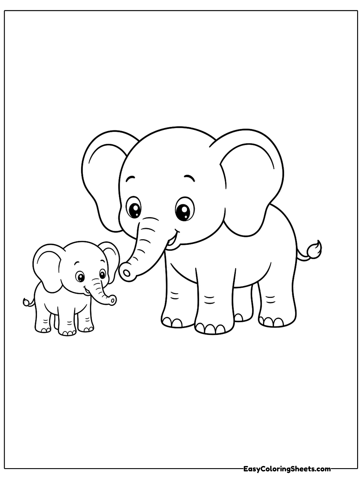 A big elephant stands beside a tiny calf that looks up at her.