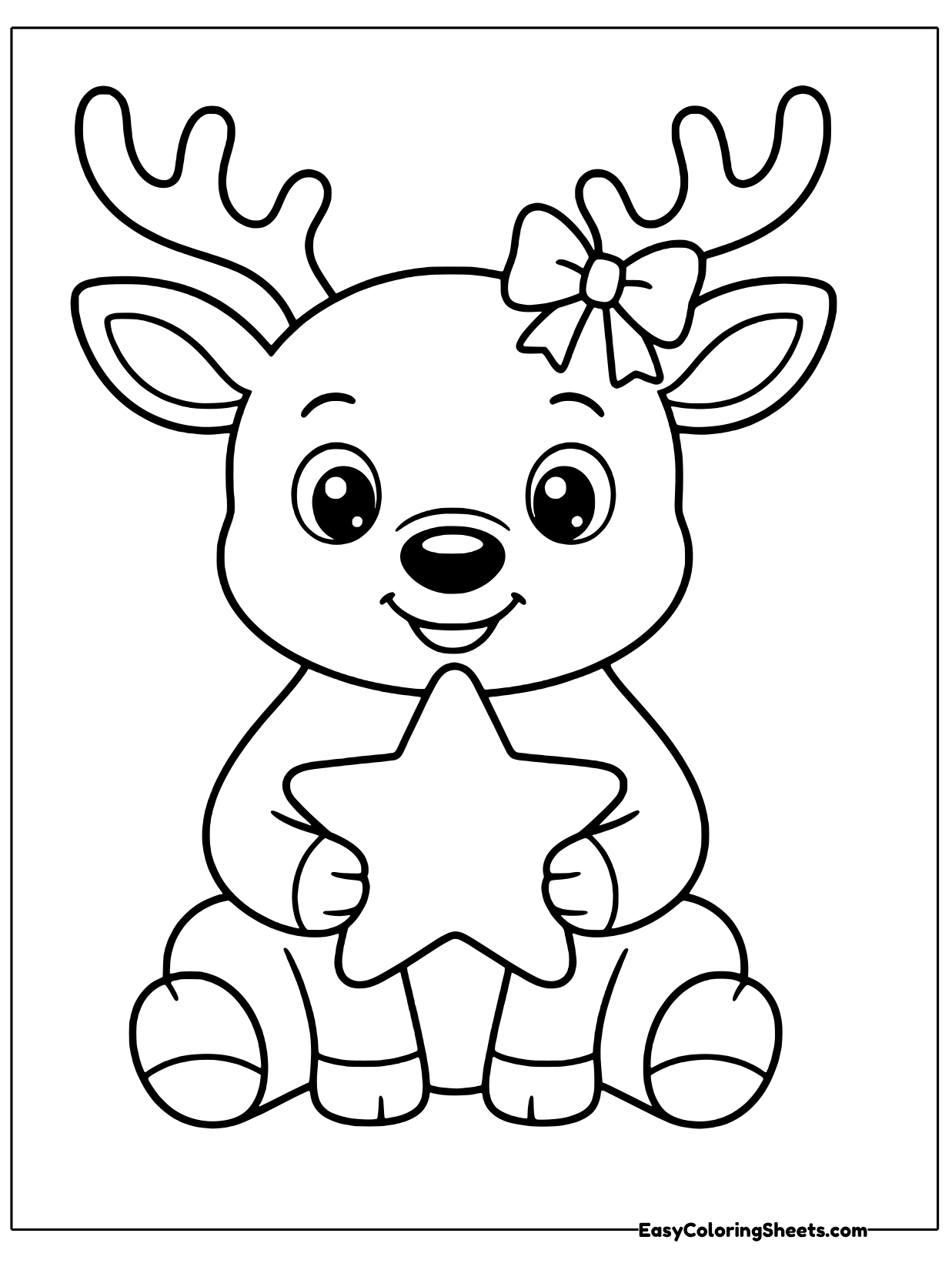 A reindeer with a bow on one antler sits and hugs a big star.