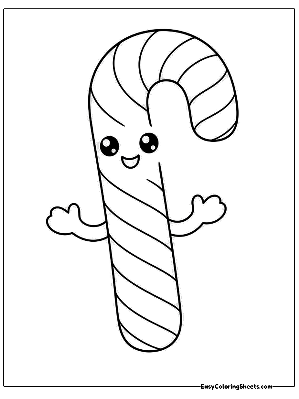 A cute candy cane character with a happy face and little arms waves hello, its stripes wrapping around its body.