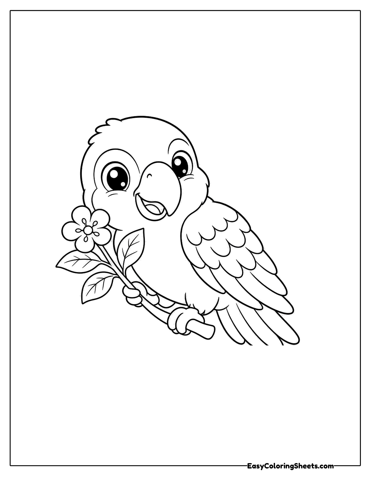 Parrot holding a flower on a branch