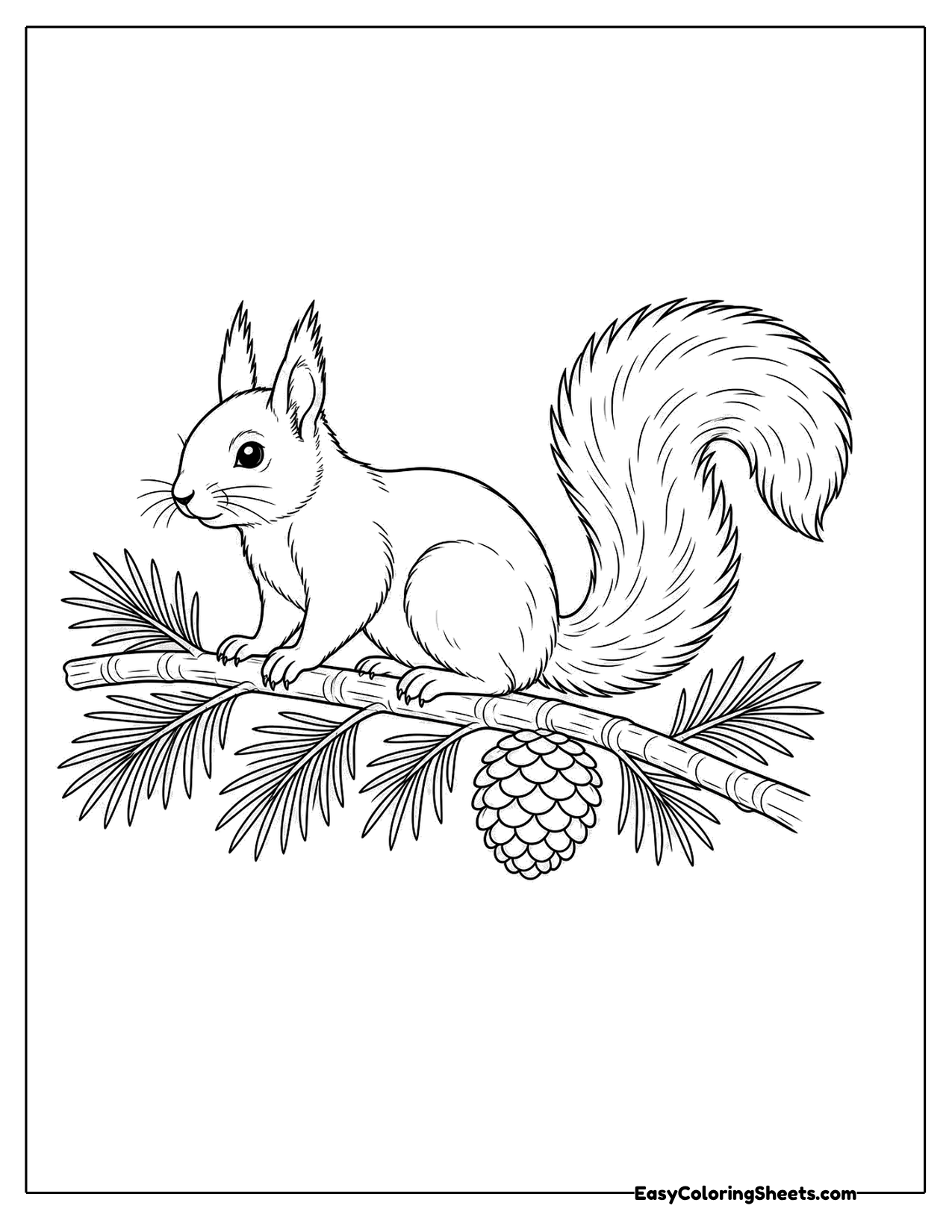 Red squirrel perched on a pine branch with a cone