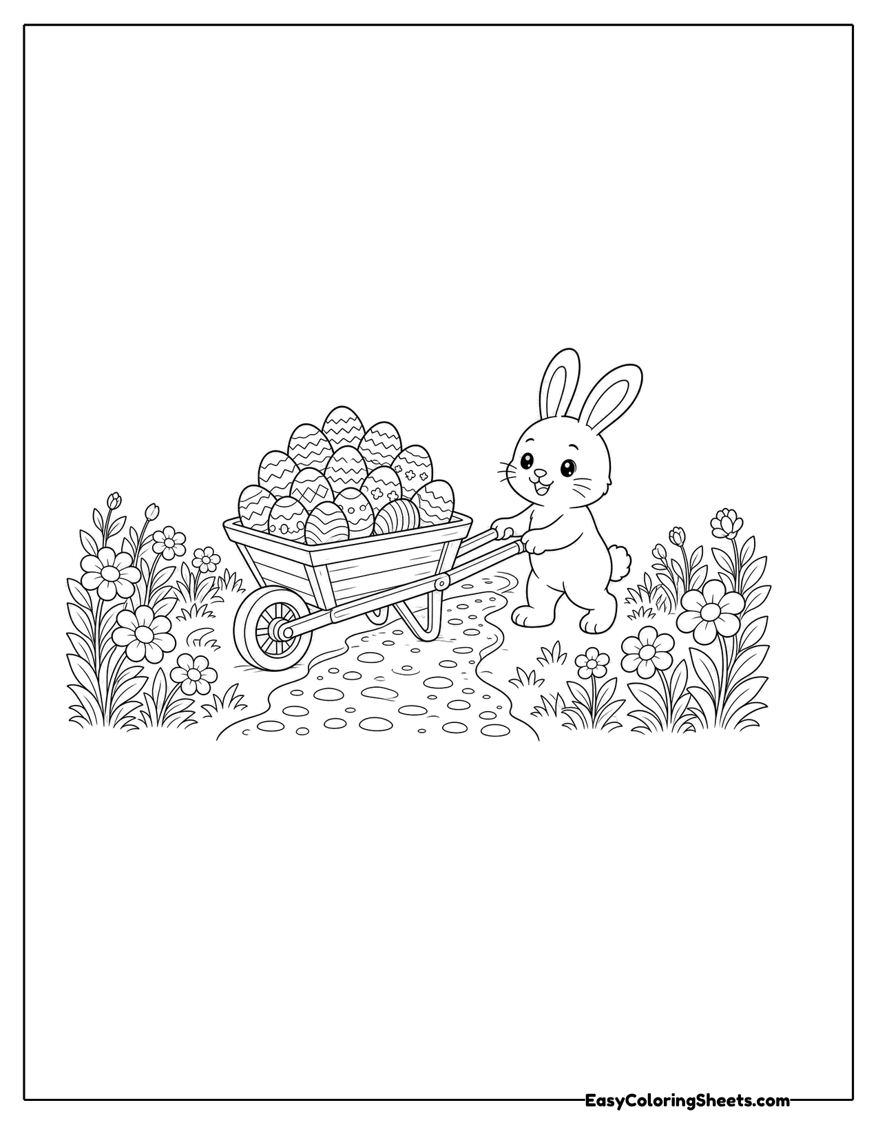 Bunny pushing a wheelbarrow of eggs
