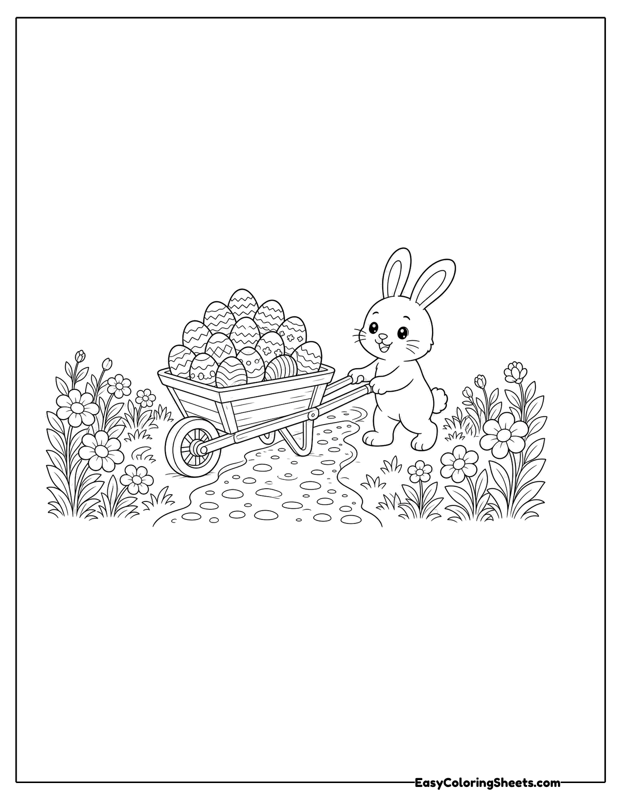 Bunny pushing a wheelbarrow of eggs