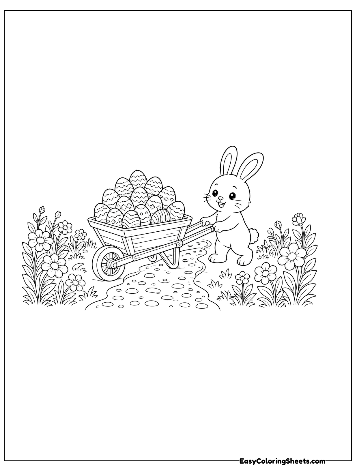 A bunny pushes a wheelbarrow piled high with colorful eggs through a garden of flowers.