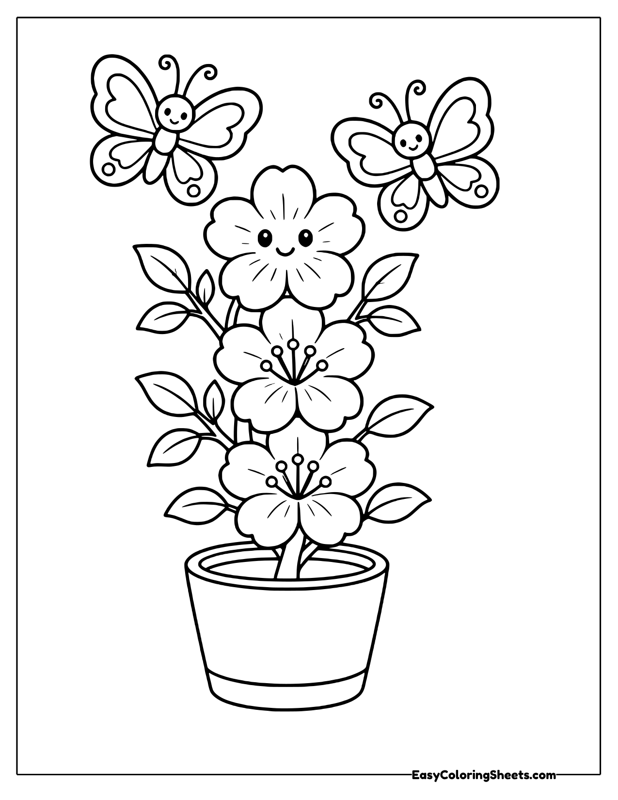 Cherry blossom branch in a pot with butterflies
