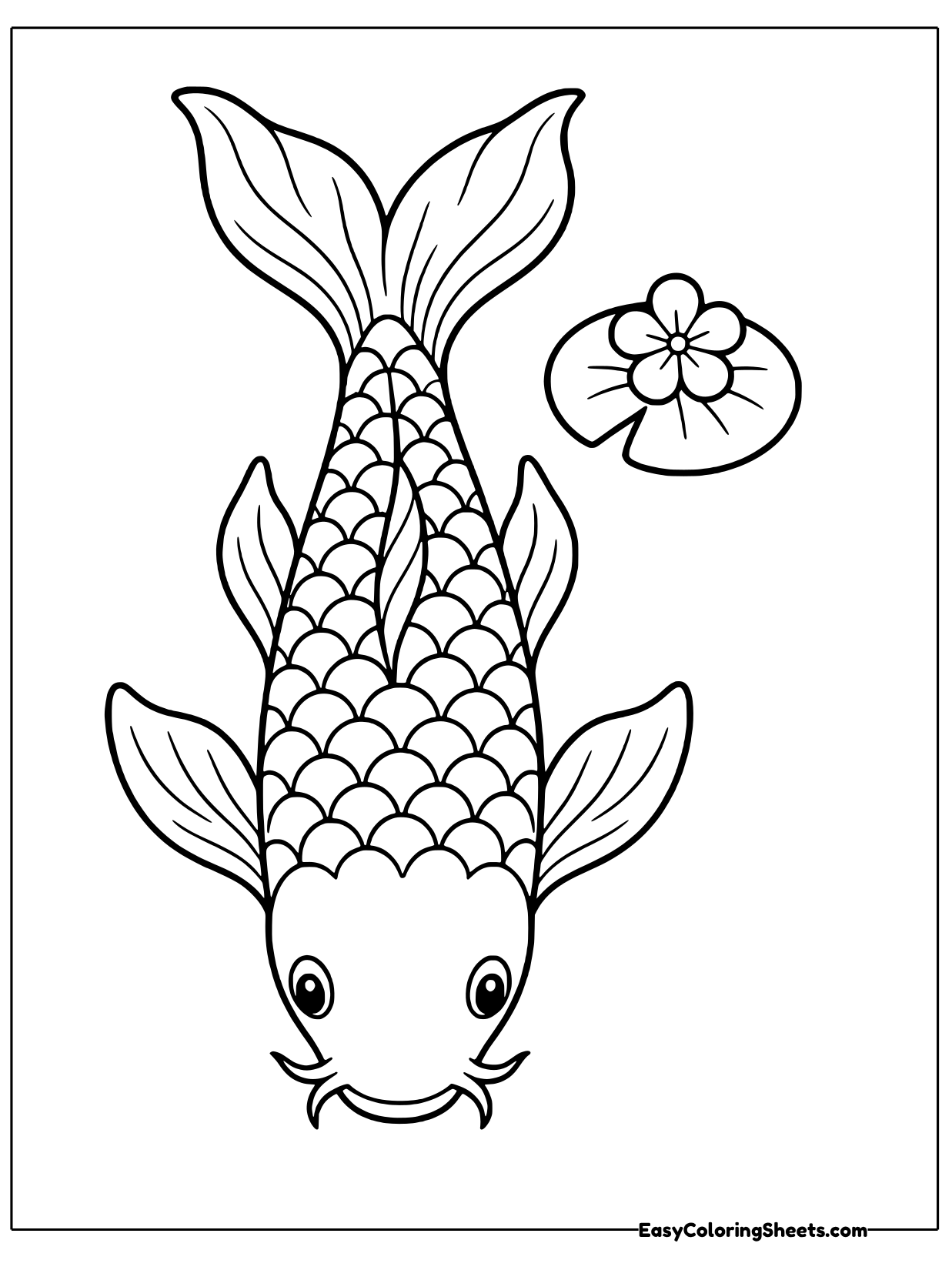 A koi dives headfirst toward the bottom of the page while a lily pad with a small flower floats beside it.