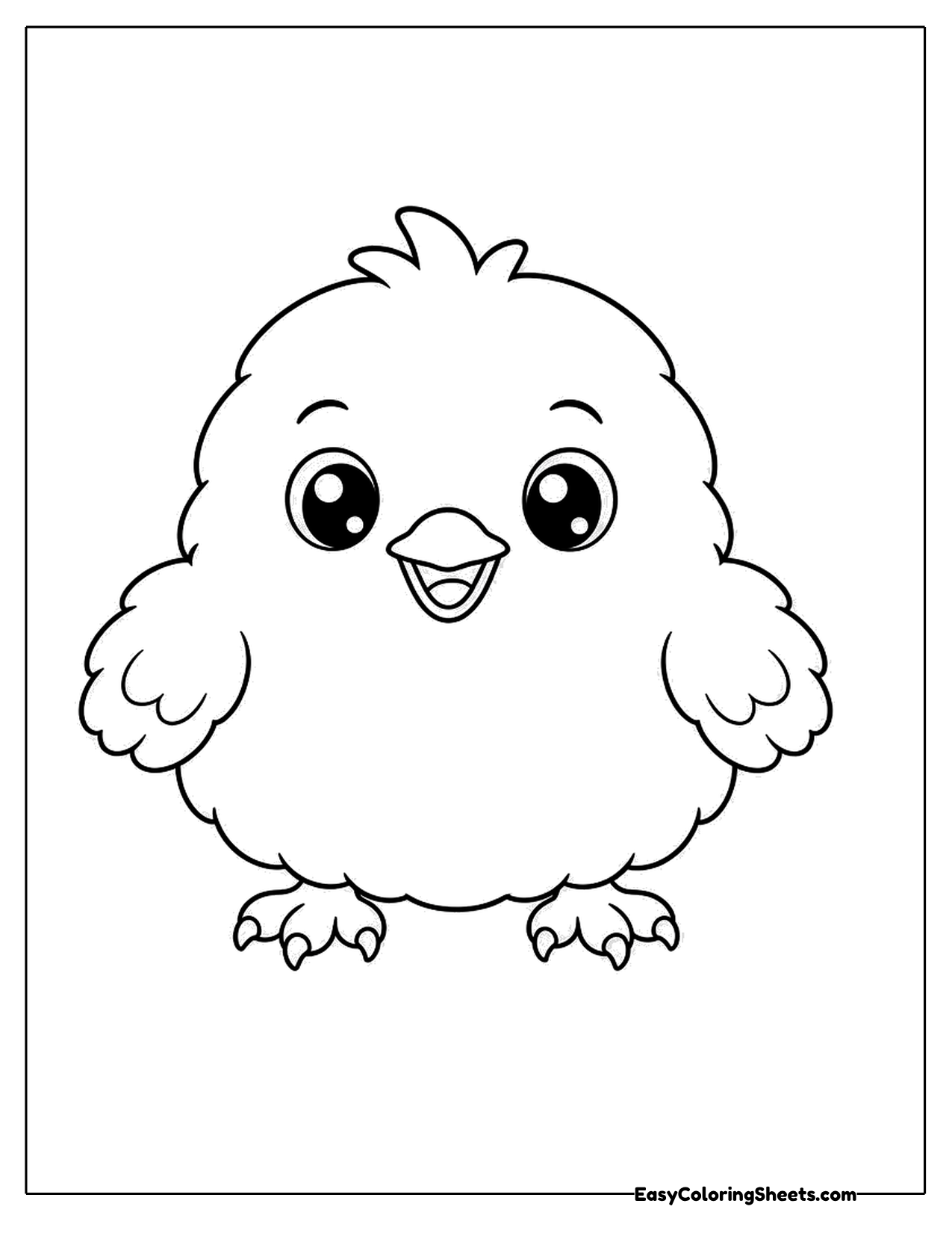 Fluffy baby chick standing and smiling