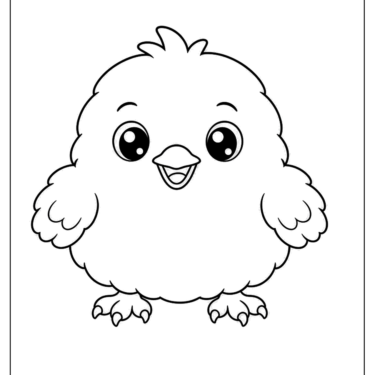 Fluffy baby chick standing and smiling