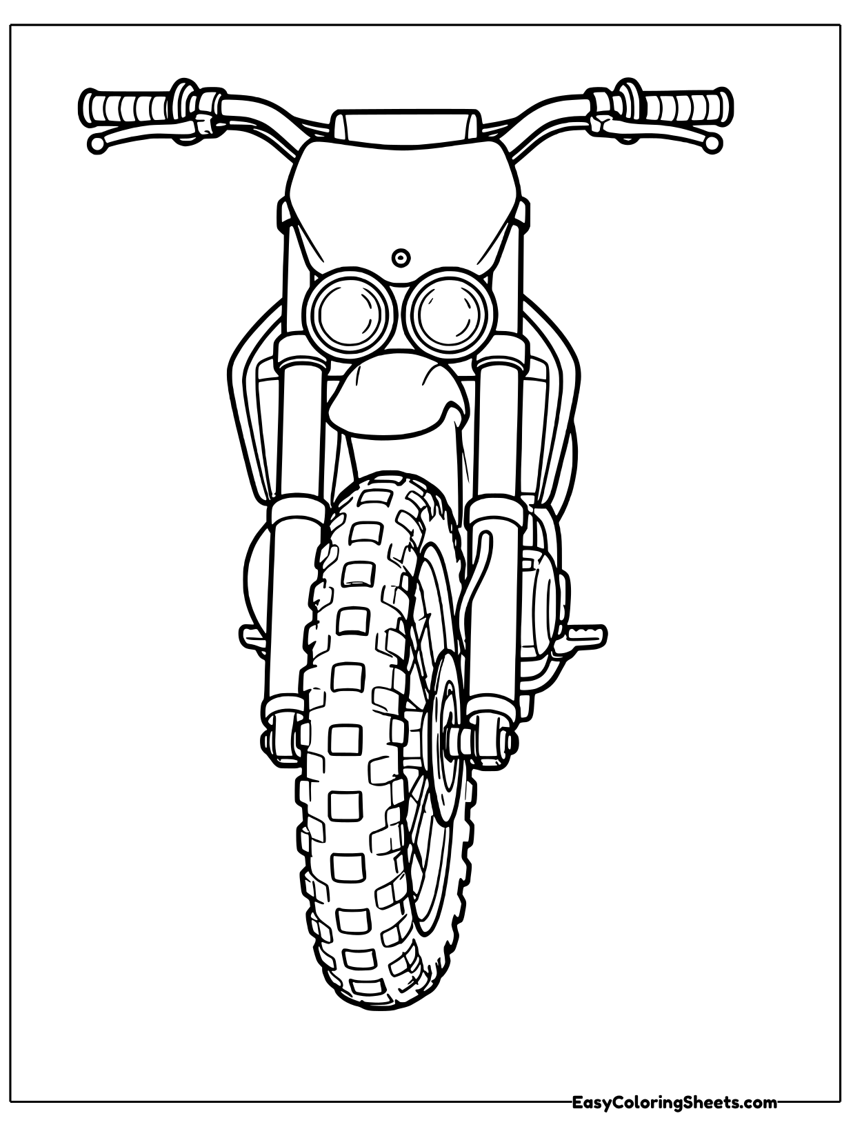 A dirt bike is drawn head on, showing its big knobby front tire, handlebars and twin headlights.