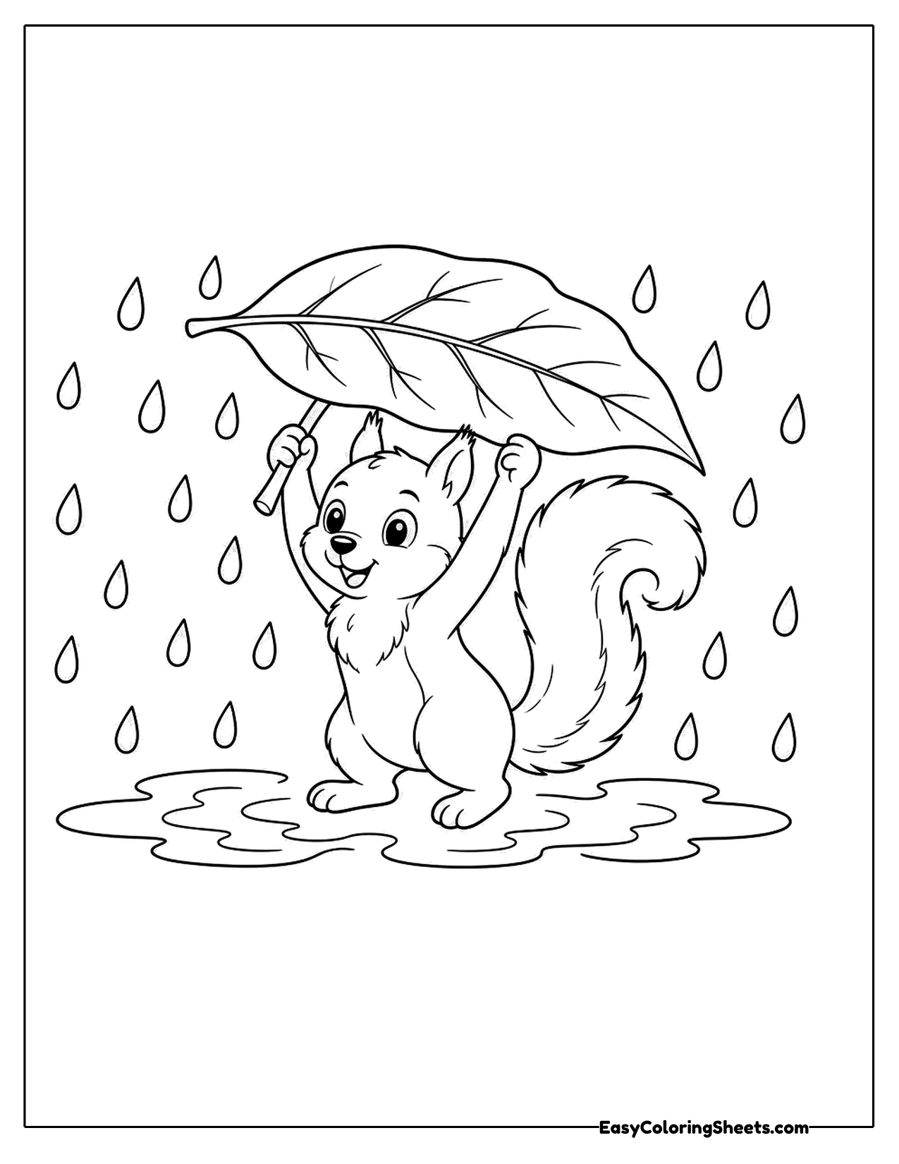 Squirrel holding a leaf umbrella in the rain