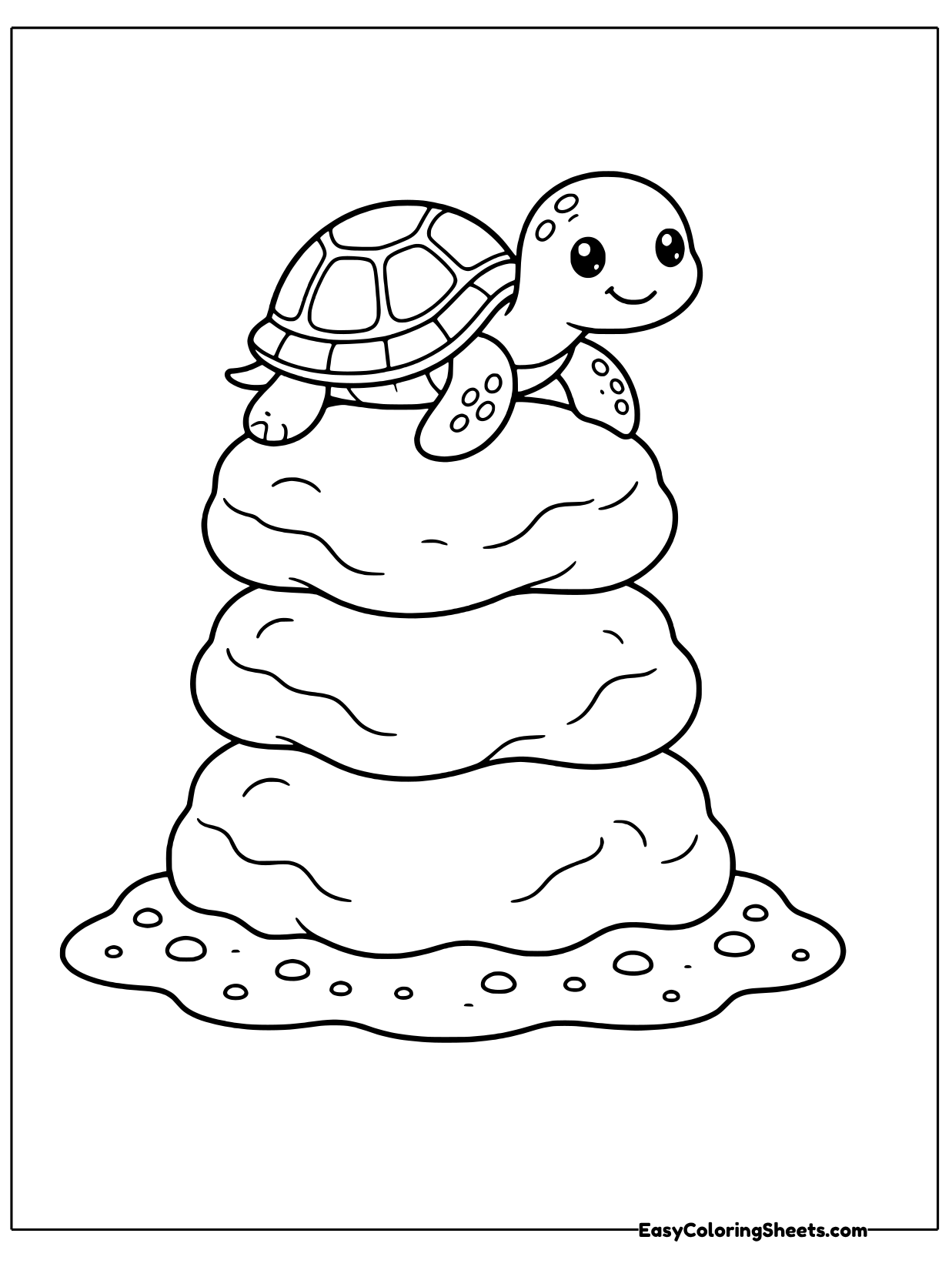 Two turtles sit together on top of a tall stack of smooth, rounded rocks, like a little balancing act.