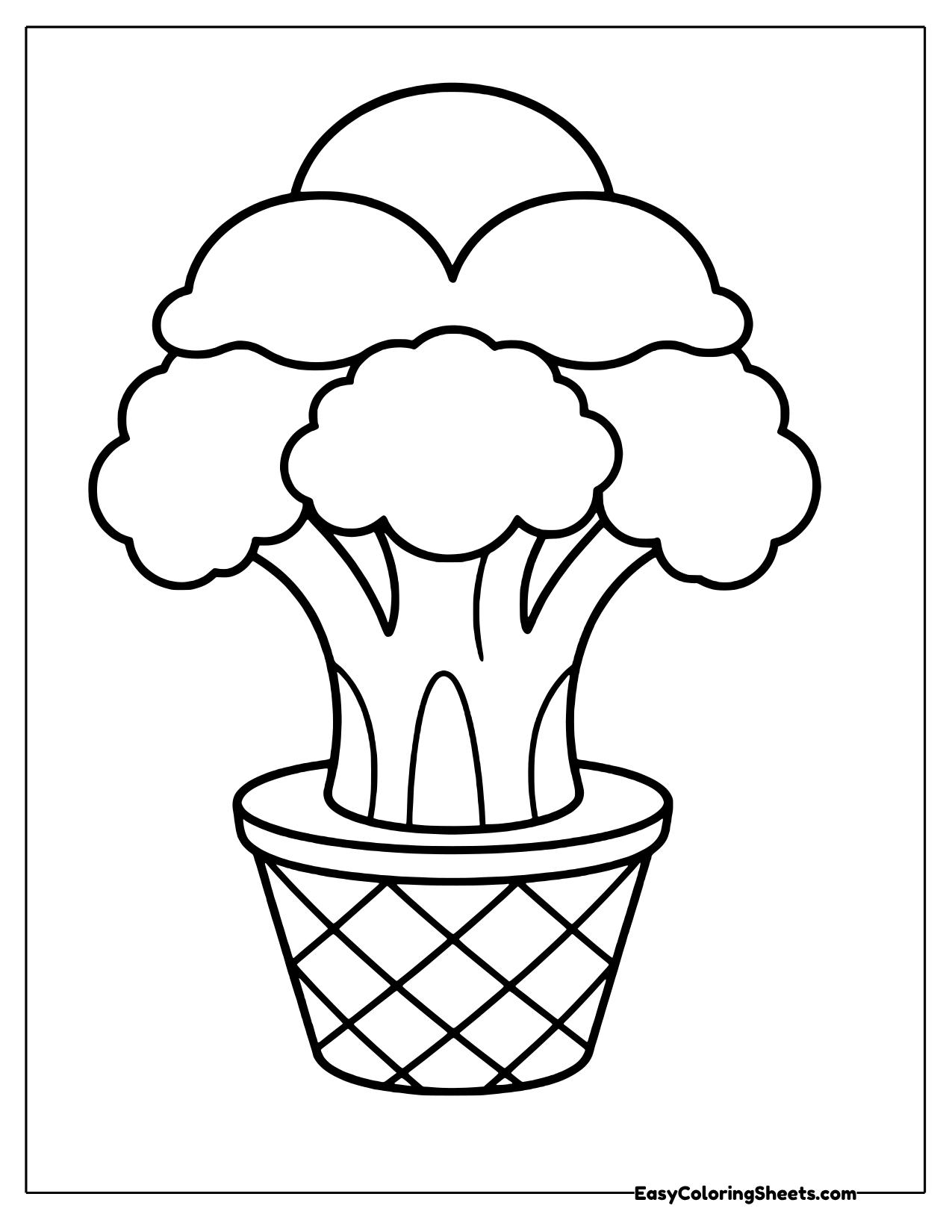 A large broccoli with rounded florets grows from a woven basket pot with a crisscross pattern.