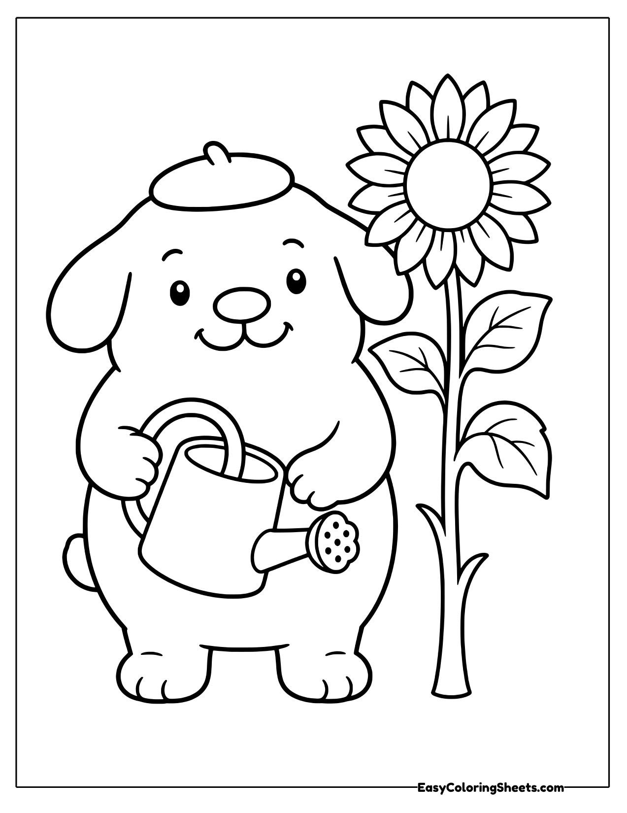 Pompompurin the dog holding a watering can next to a tall sunflower