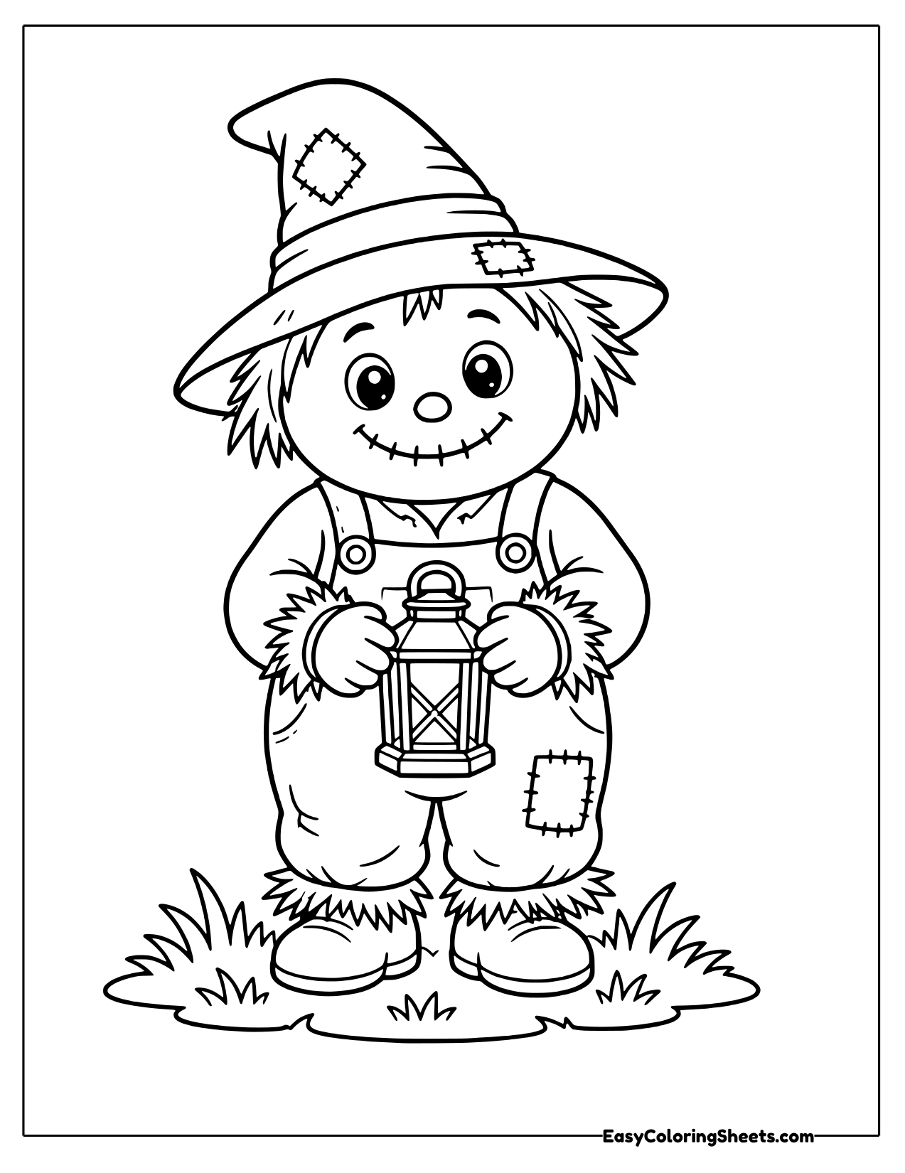 Scarecrow standing and holding a lantern at dusk